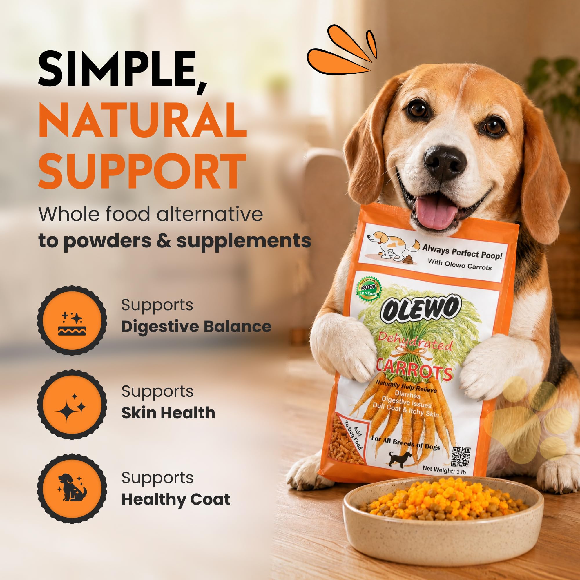 Olewo Original Carrots for Dogs – Fiber for Perfect Poop, Dehydrated Dog Food Toppers for Picky Eaters, Natural Skin & Coat Support, Multivitamin, Probiotics for Digestive & Gut Health, 2.2 lbs