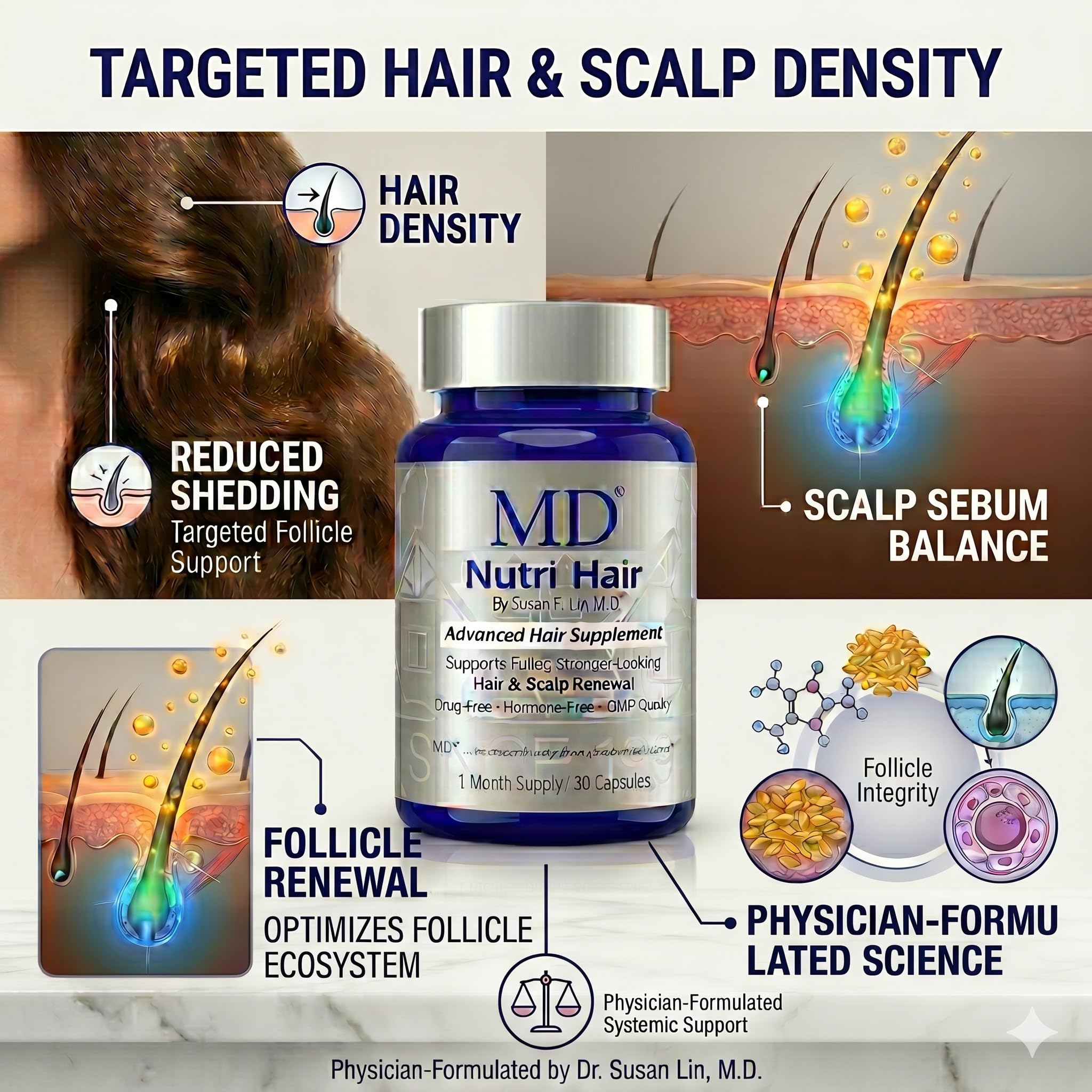 MD Nutri Hair Growth Supplement for Thinning and Hair Loss, Reduces Shedding, Lilac Stem Cells with Marine Collagen and Biotin, 30 Vegetable Capsules