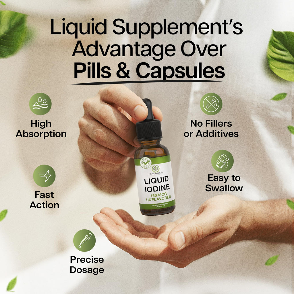 Liquid Iodine Drops – 1300 Servings Potassium Iodide for Thyroid, Metabolism & Detox Support – 2X Absorption – 3 Year Supply – USA Made, Gluten Free, Vegan – 2 Fl Oz