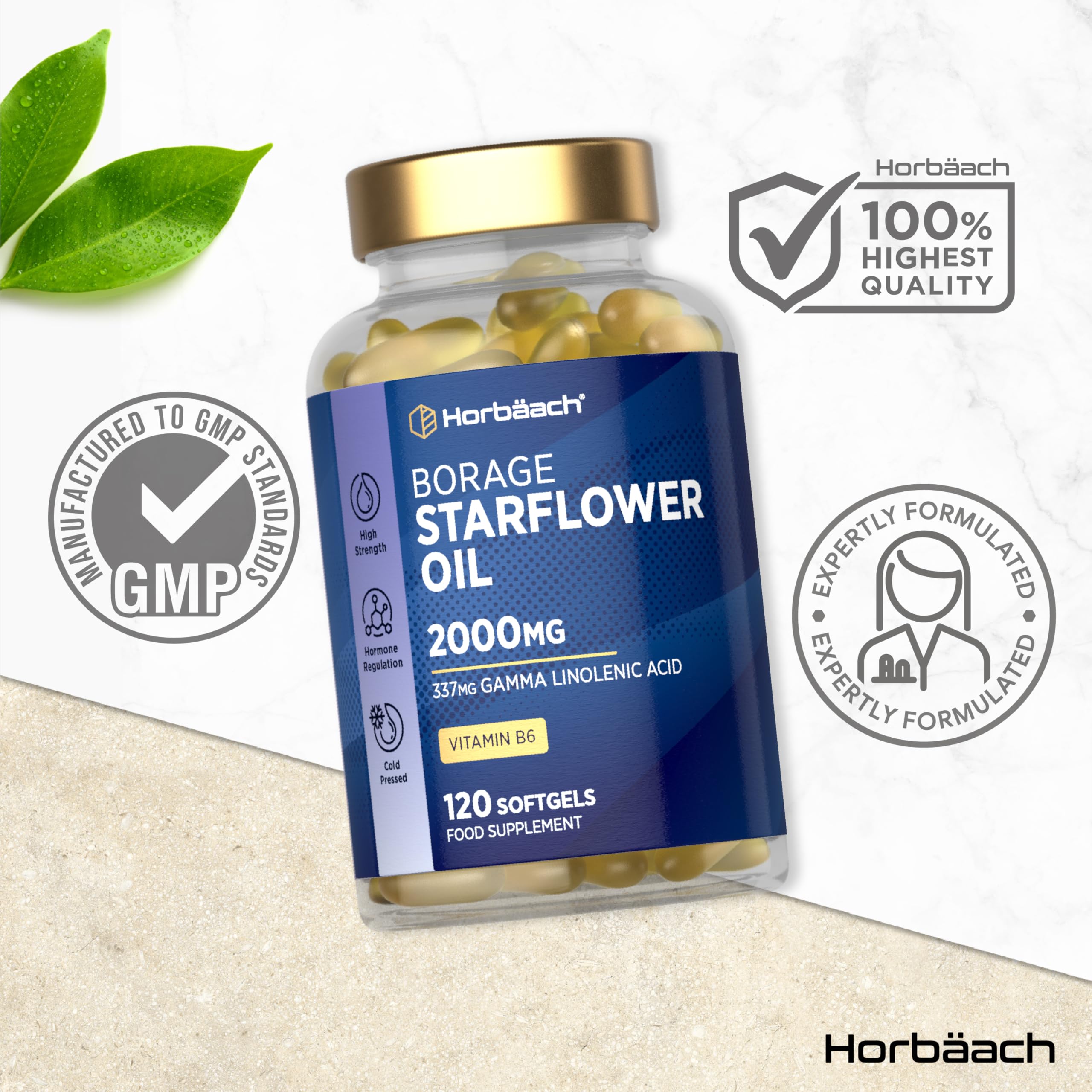 Starflower Oil Capsules 2000mg | High Strength GLA | Cold-Pressed Borage Oil with Vitamin B6 | Natural Source of Omega-6 | 120 Softgels | by Horbaach