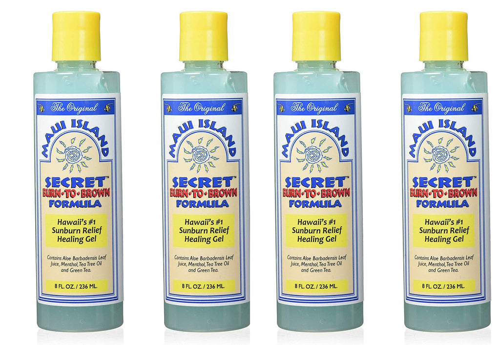 Maui Island Secret Burn to Brown Formula, Aloe Sunburn Relief Gel Soothing & Hydrating - Instant Cooling with Menthol & Tea Tree Oil 8 Oz. 4 pack
