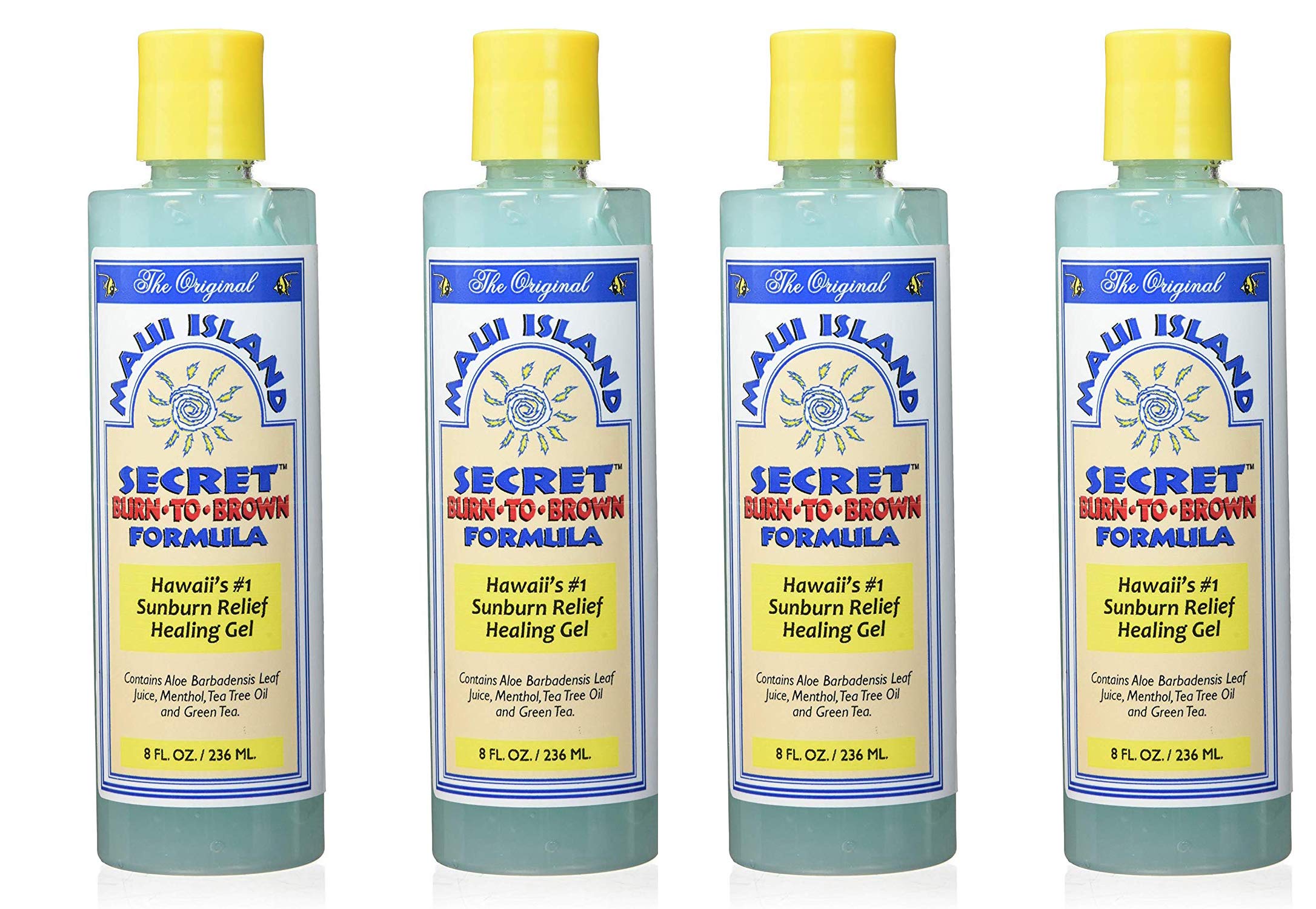 Maui Island Secret Burn to Brown Formula, Aloe Sunburn Relief Gel Soothing & Hydrating - Instant Cooling with Menthol & Tea Tree Oil 8 Oz. 4 pack
