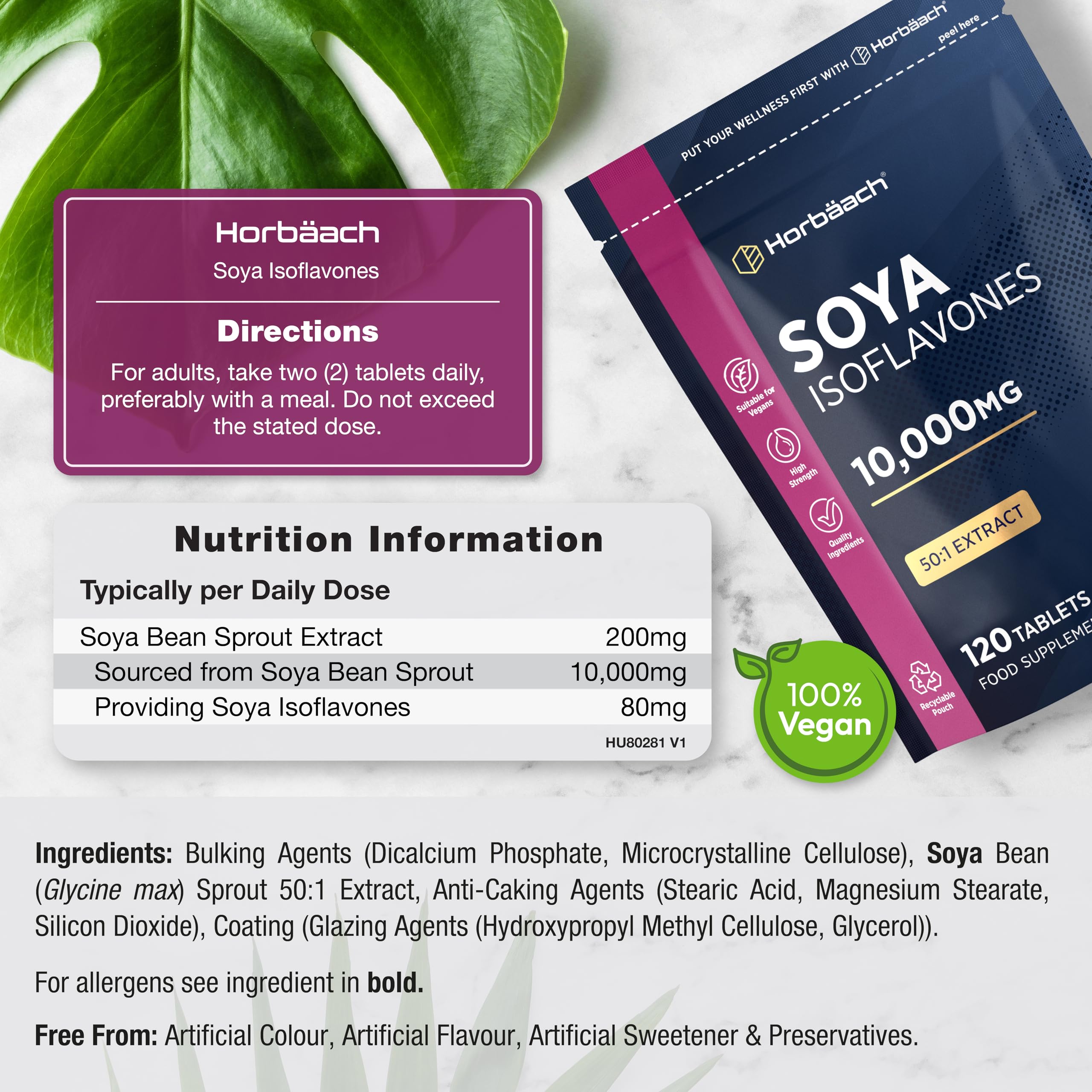 SOYA Isoflavones 10,000mg | 120 Vegan Tablets | High Strength SOYA Bean Extract | Providing 80mg Isoflavones | by Horbaach