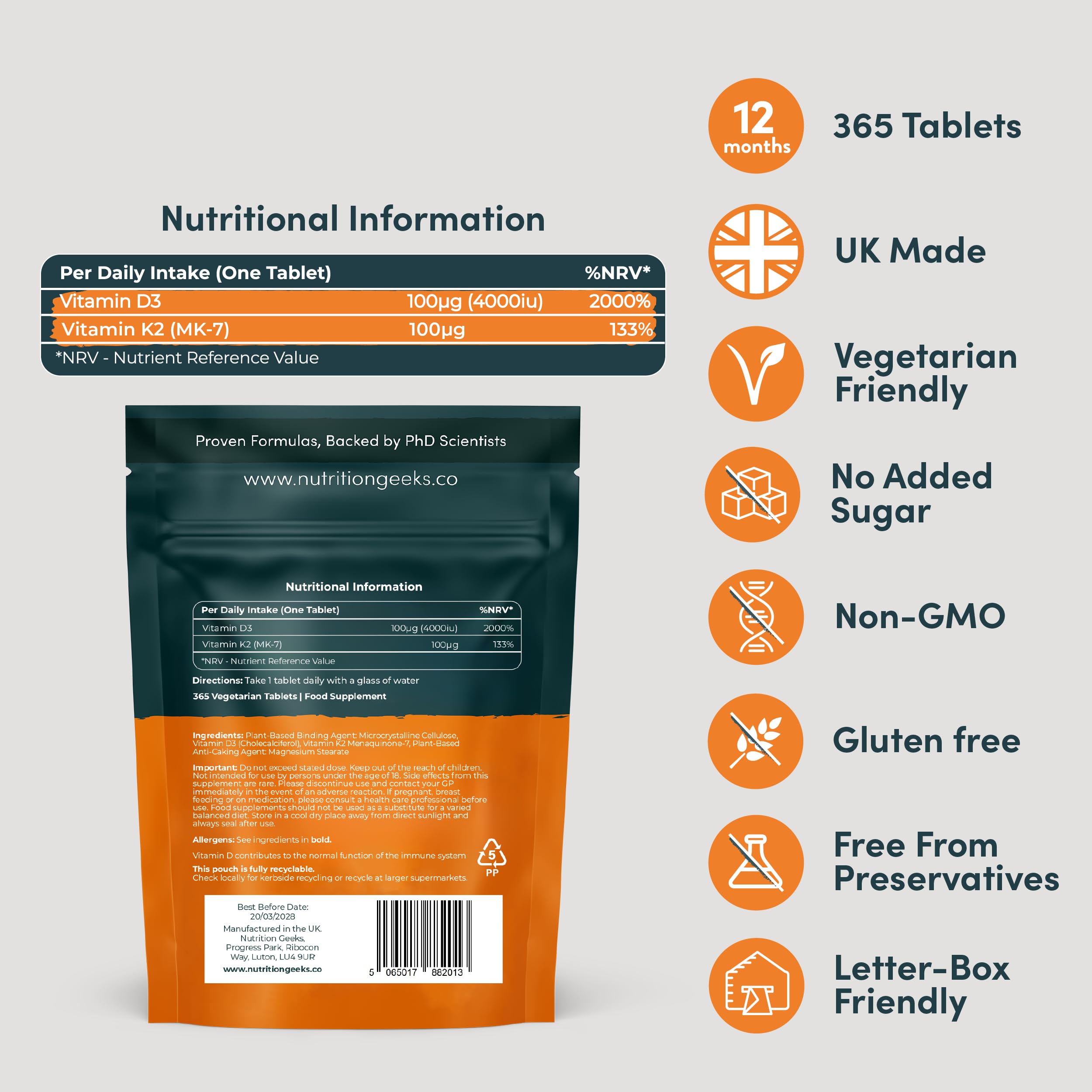 Vitamin D3 4000 iu & Vitamin K2 MK7 100μg - 1 Year Supply, 365 Easy-Swallow Vitamin D3 K2 Tablets, 1-A-Day High Strength Vegetarian D3 and K2 Vitamin Supplements, UK Made Vitamin D Tablets