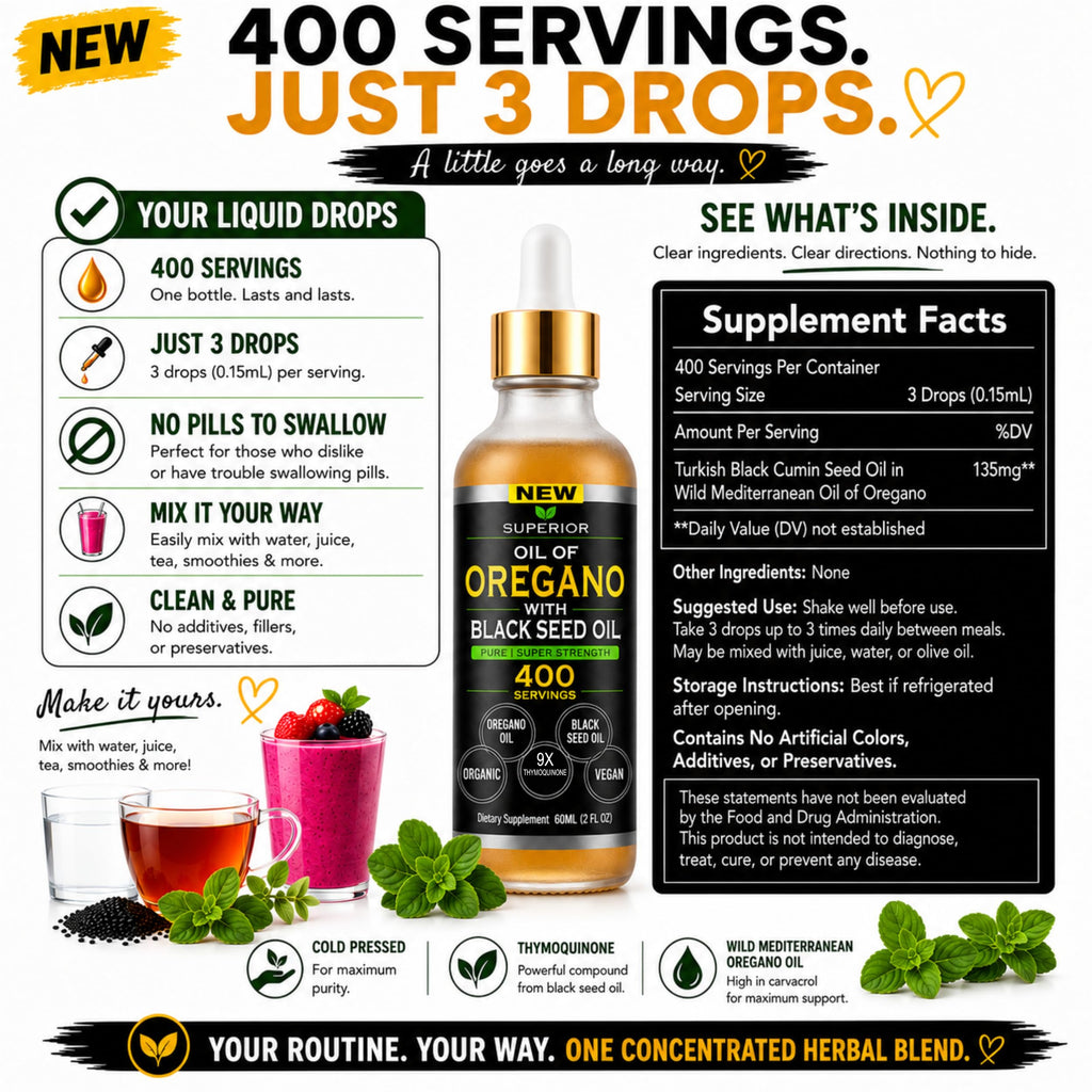 Oil Of Oregano With Black Seed Oil - 400 Servings, 2 in 1 Wild Organic Oregano Oil with Black Seed Oil for Immune & Digestive Support – Non-GMO, Gluten-Free Drops – Herbal Wellness Supplement