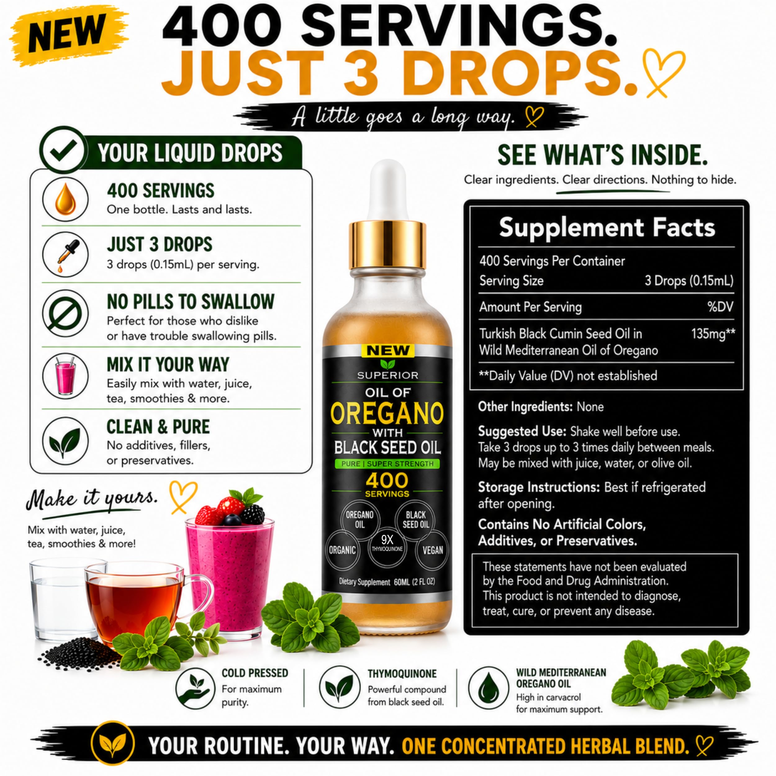 Oil Of Oregano With Black Seed Oil - 400 Servings, 2 in 1 Wild Organic Oregano Oil with Black Seed Oil for Immune & Digestive Support – Non-GMO, Gluten-Free Drops – Herbal Wellness Supplement