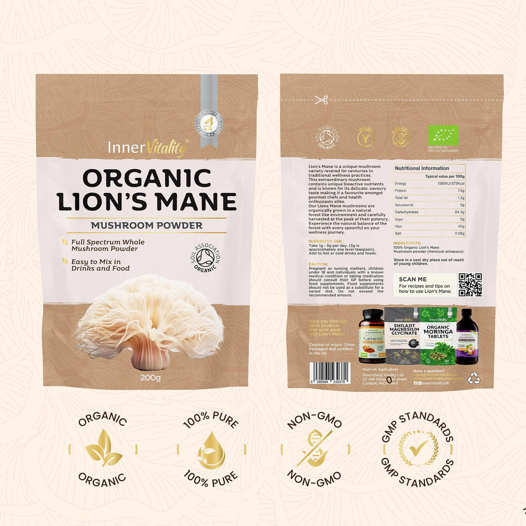 Organic Lions Mane Mushroom Powder, Natural High Strength Full-Spectrum