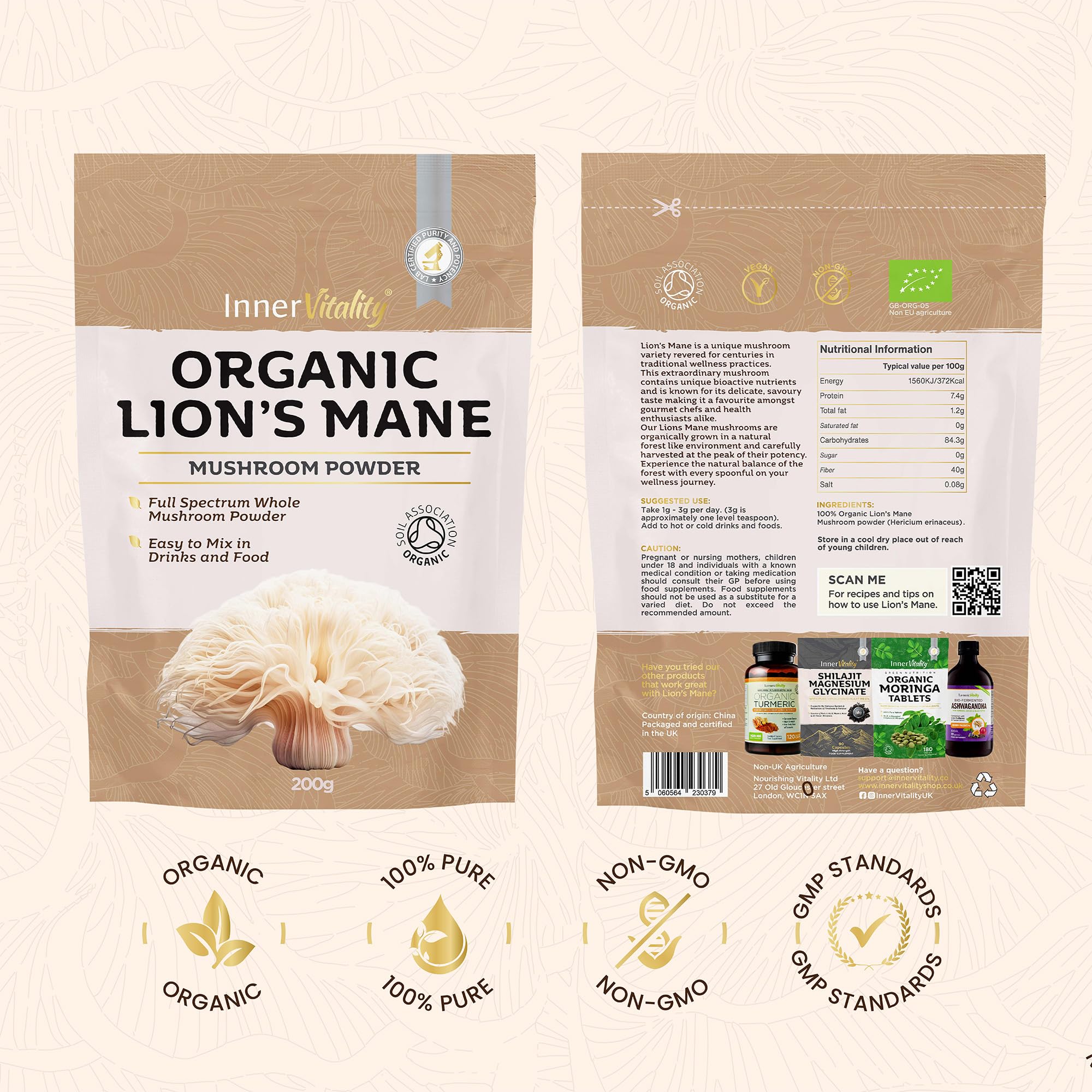 Organic Lions Mane Mushroom Powder, Natural High Strength Full-Spectrum