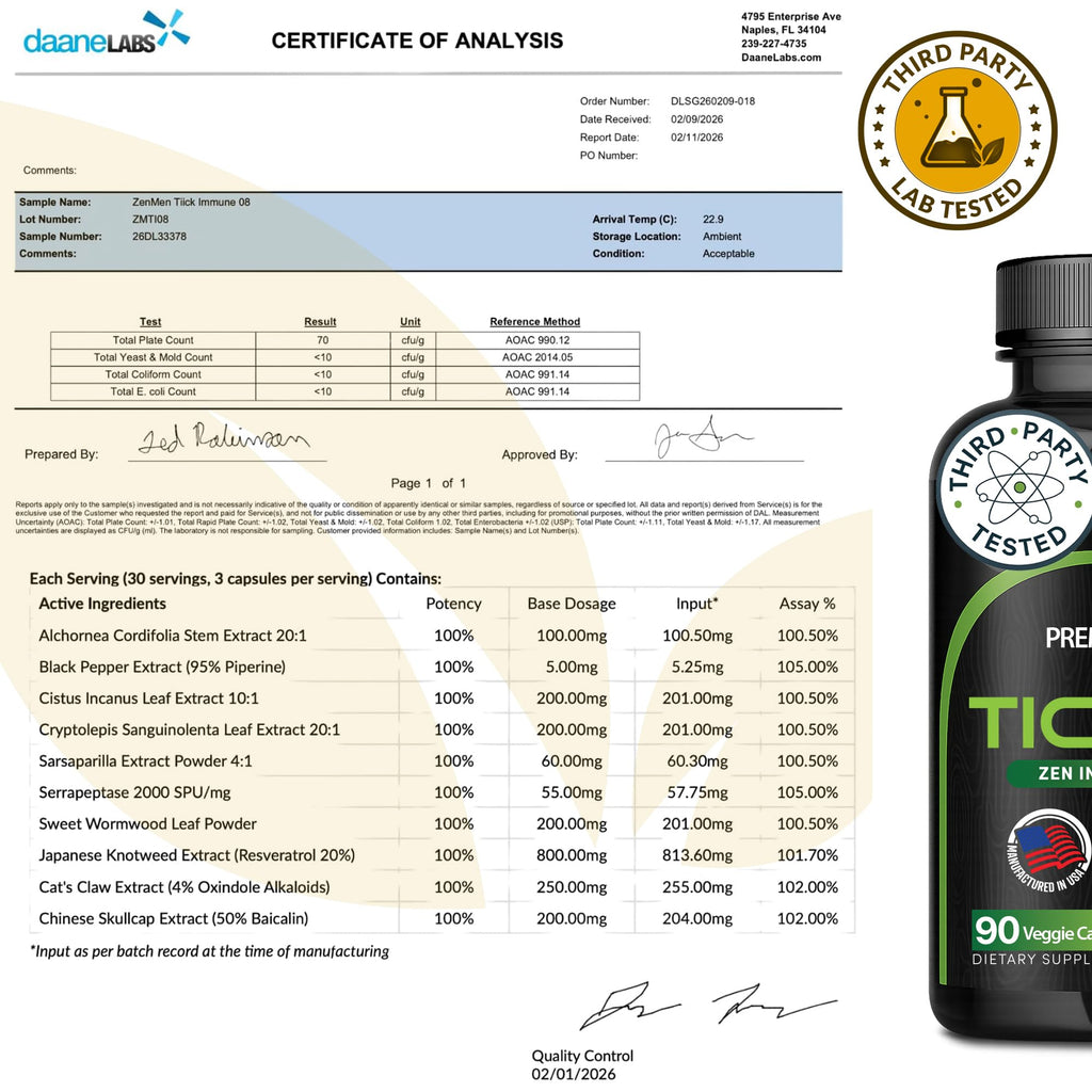Zenmen Tick Immune Support Supplement - Improved Formula - Japanese Knotweed, Cat's Claw, Chinese Skullcap, Cryptolepis Sanguinolenta, Sweet Wormwood - 90 Vegan Capsules, Made in The USA