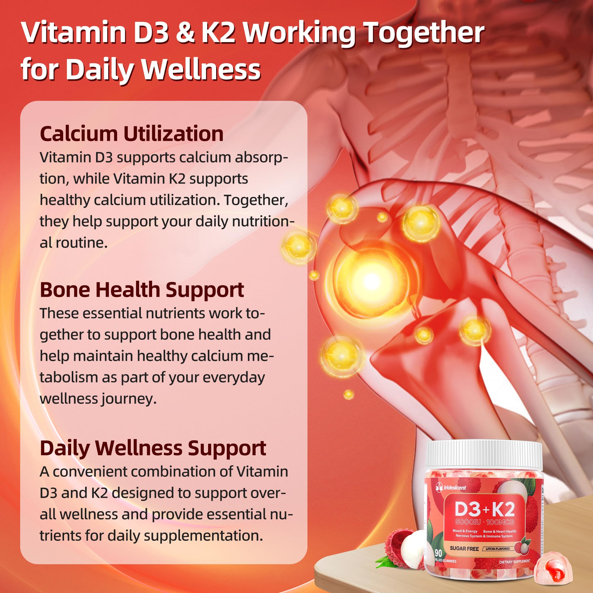 IRIDESICENT Vitamin D3 K2 Gummies Sugar Free - 90 Count | 5,000 IU Vitamin D3 + 100 mcg K2 (MK-7) | Vegan D3 K2 Supplement for Bone & Immune Health Support, Lychee Flavor