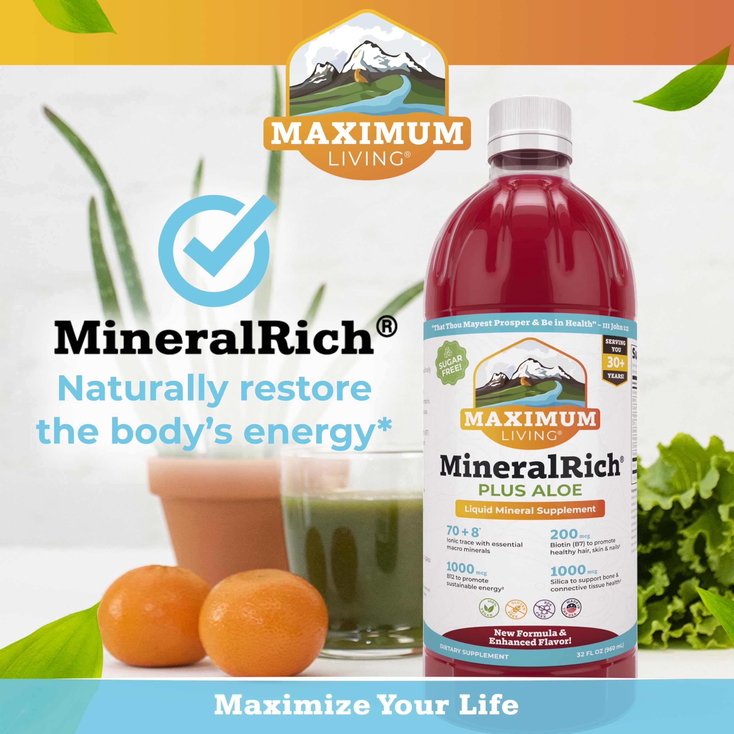 Maximum Living MineralRich Minerals Supplement with Aloe - Liquid Blend of Vitamins and Trace Minerals - 32 oz
