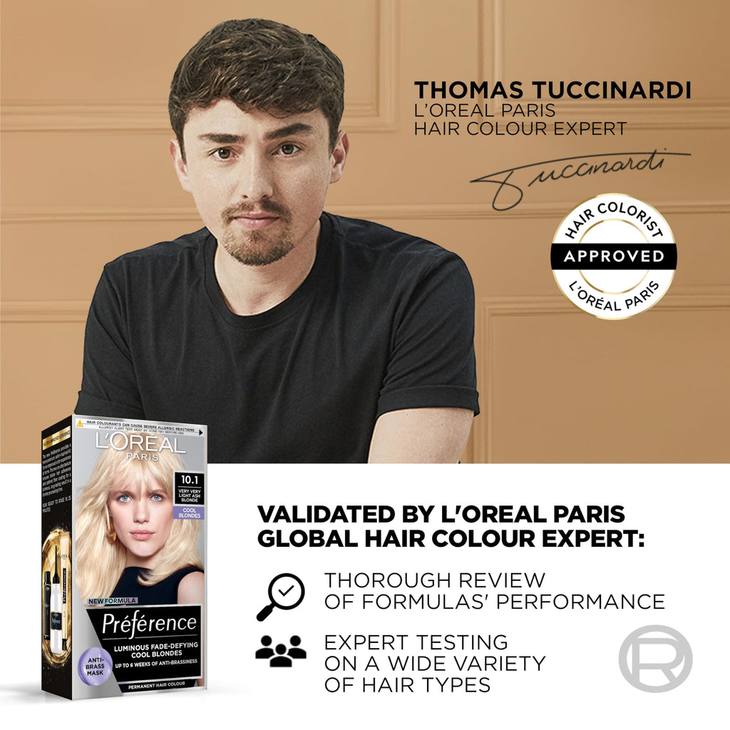 L'Oreal Paris Permanent Hair Dye, Preference 10.1 Very Very Light Ash Blonde, 100% Grey Coverage, Long Lasting, Luminous Hair Colour with Anti-Brass Purple Mask, Luminous Reflects, Pack of 1