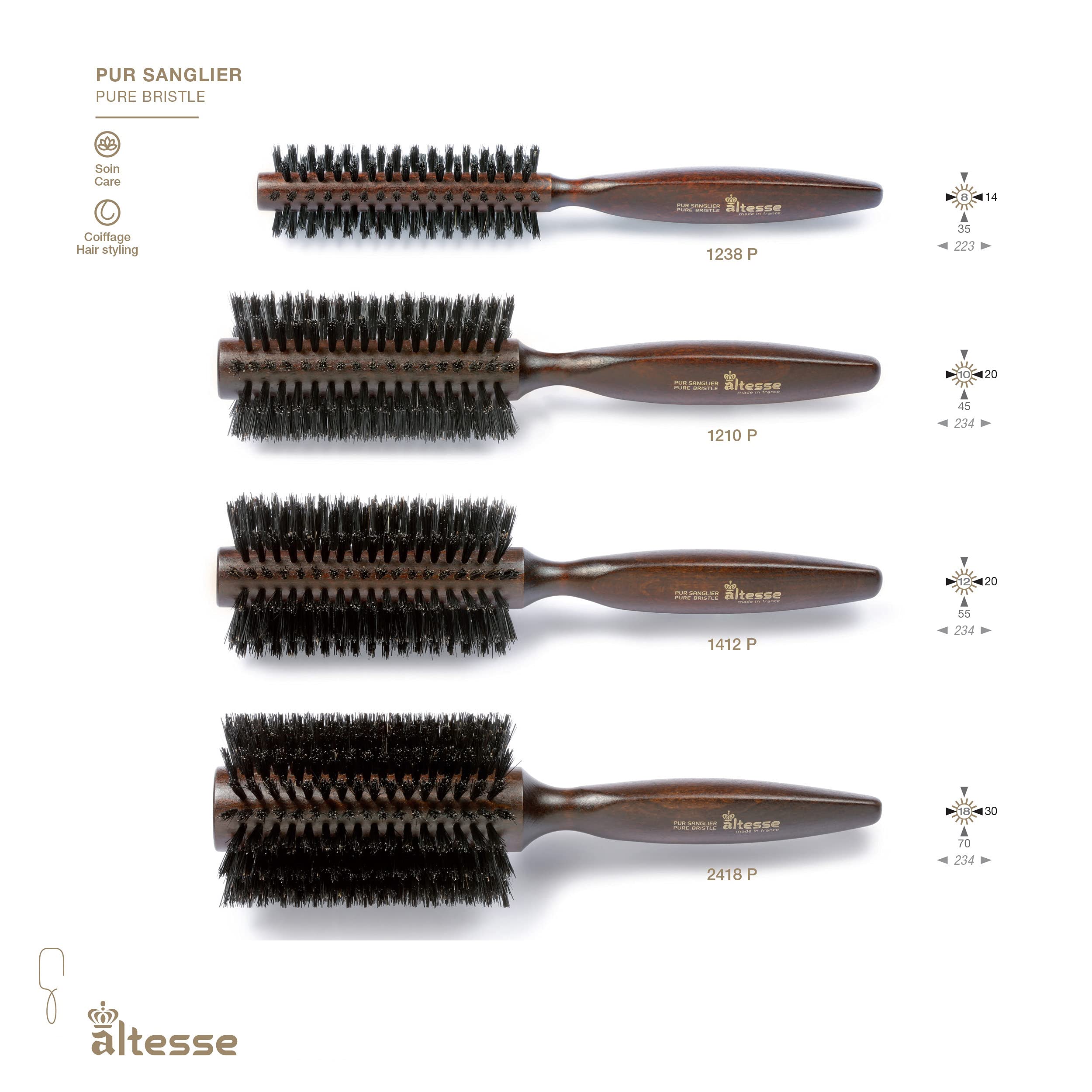 Altesse 1412P Boar Bristle Round Brush for Blow Drying (55mm) Large Dark Beechwood Handle with 12 Rows Boar Bristle Hair Brush Round Hair Brush for Women Long Hair of All Types. Handmade in France