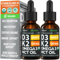 (2 Pack) Organic Vitamin D3 K2 Drops with MCT Oil & Omega 3 - Liquid Vitamin D3 5000 IU - K2 D3 Vitamin Supplement - Vitamin D Drops for Women & Men - No Fillers, Non-GMO, GMP, Unflavored (2 Fl Oz)