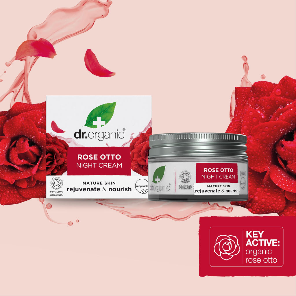 Dr Organic Rose Otto Night Cream, Moisturising, Healthy-Aging, Wrinkles, Natural, Vegan, Cruelty-Free, Paraben & SLS-Free, Recycled & Recyclable, Certified Organic, 50ml, Packaging may vary