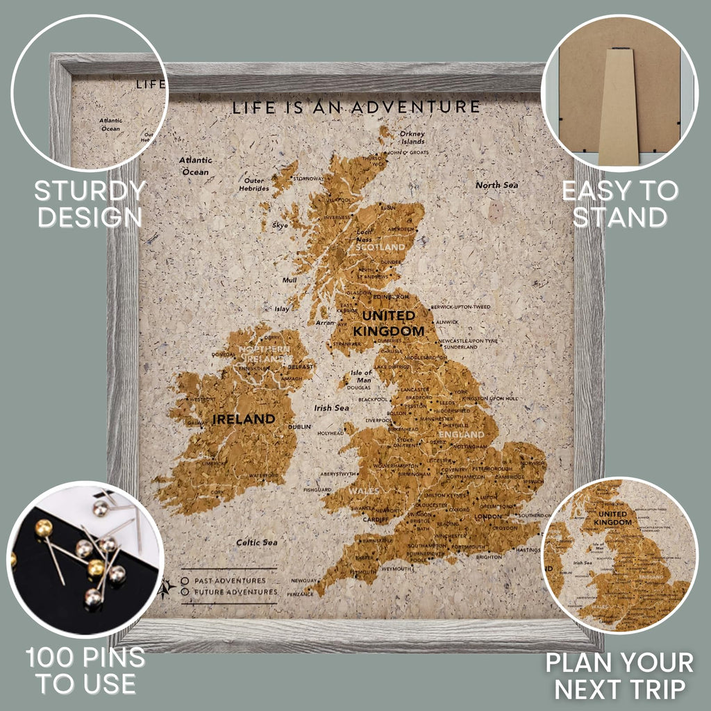 Splosh Travel Map - Desk UK Map Pin Board Grey Cork with Wooden Frame for Desk Personalise and Mark Past & Future Adventures Countries Cities with 100 Pins in 2 Colours the UK & Ireland