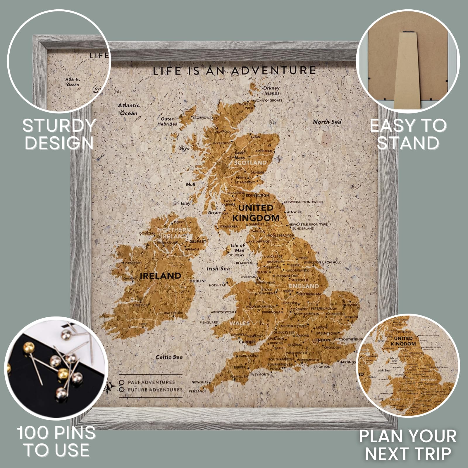 Splosh Travel Map - Desk UK Map Pin Board Grey Cork with Wooden Frame for Desk Personalise and Mark Past & Future Adventures Countries Cities with 100 Pins in 2 Colours the UK & Ireland