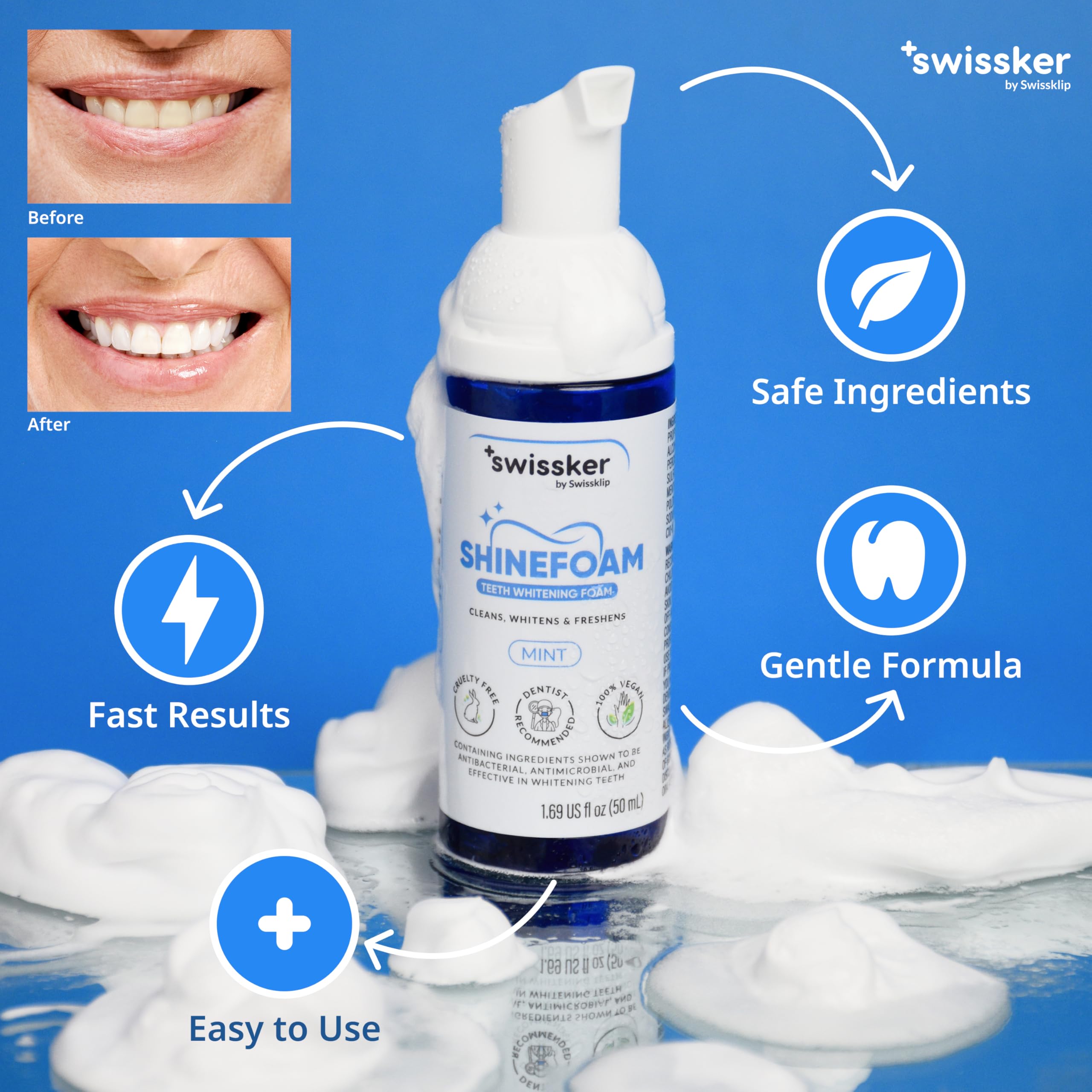 Swissker by Swissklip ShineFoam | Teeth Whitening Foam | Mint Flavor Whitening Toothpaste | Teeth Whitener I Professional Teeth Whitening Kit | 100% Vegan - Made in USA - 1.69 oz - Pack 2