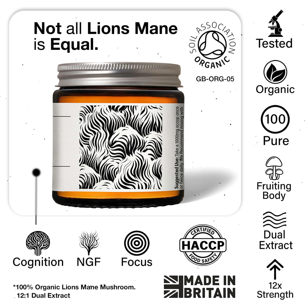 Organic Lions Mane Supplement Powder | 12X Strength | 3 Month Supply | NGF | Focus Plus | 6000mg | Dual Extract | Soil Association Certified | NGF | 1% Hericenones | 35% Beta-Glucans