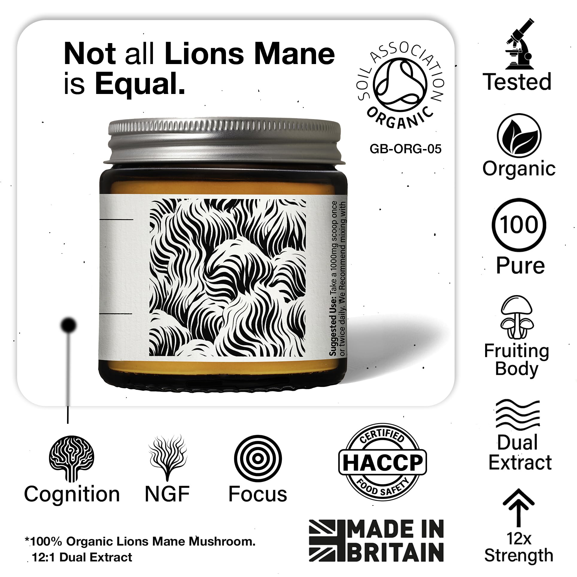 Organic Lions Mane Supplement Powder | 12X Strength | 3 Month Supply | NGF | Focus Plus | 6000mg | Dual Extract | Soil Association Certified | NGF | 1% Hericenones | 35% Beta-Glucans