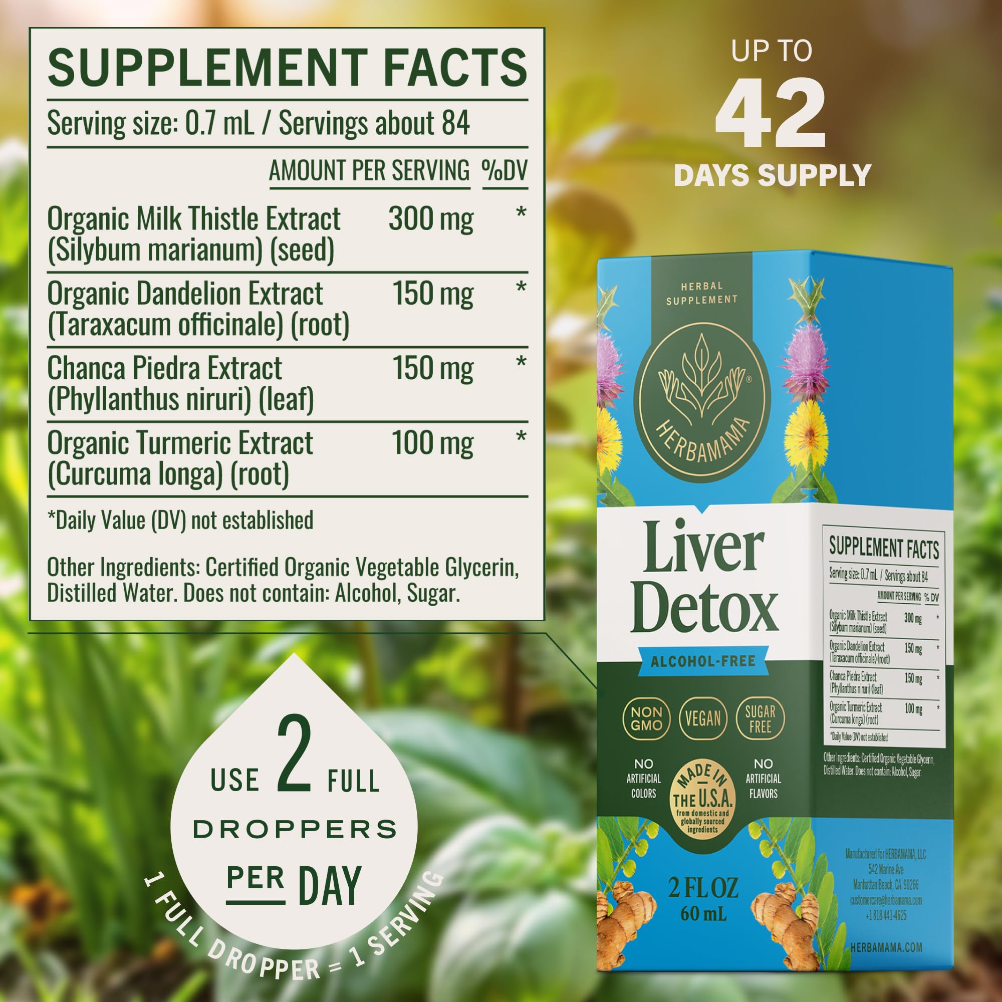 HERBAMAMA Liver Cleanse Detox & Repair - Liver Support Supplement - Liquid Drops with Milk Thistle, Dandelion Root & Chanca Piedra - Alcohol & Sugar-Free Liquid Cleanse Supplement, 42-Day Supply