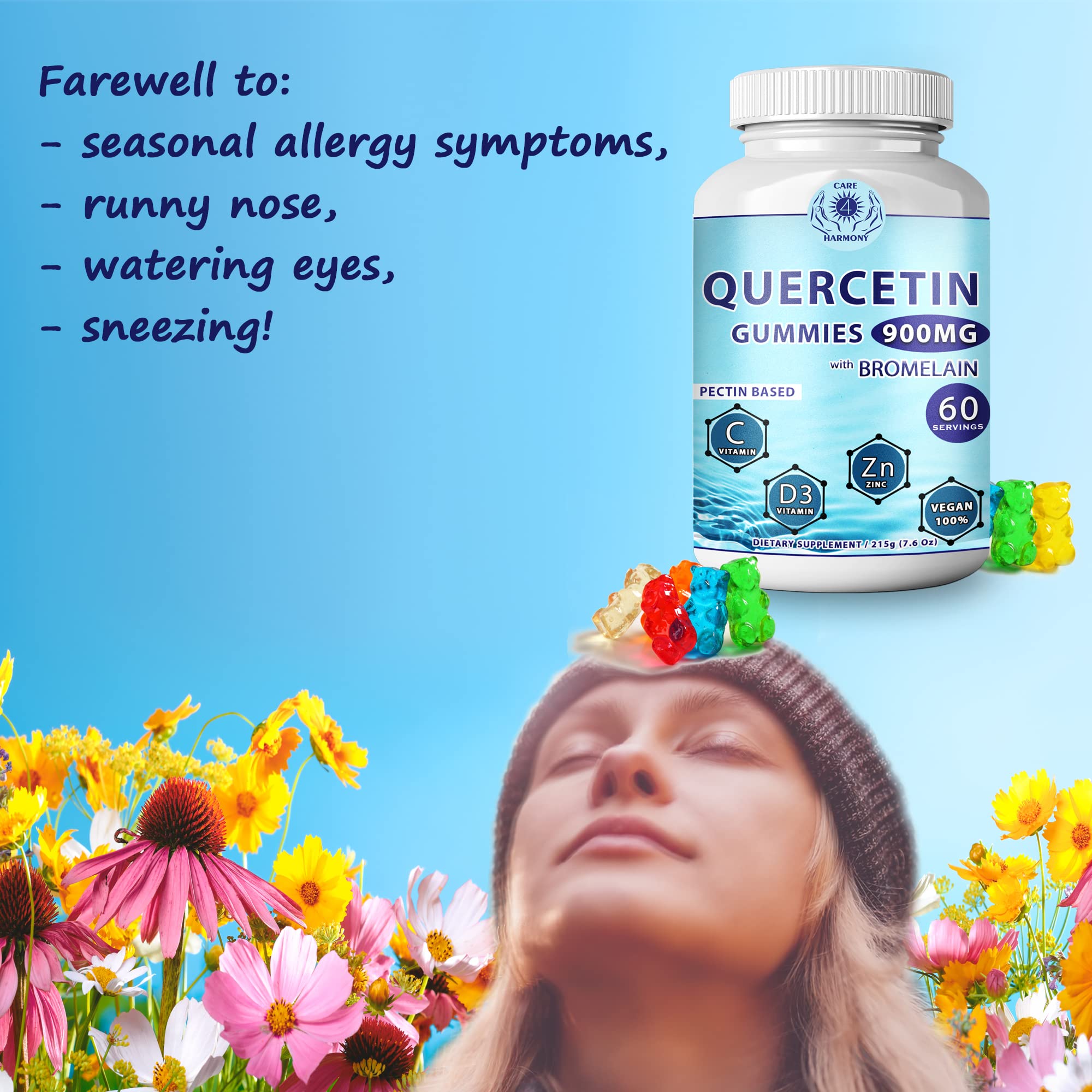 (2 Pack) Quercetin Gummies - Quercetin with Bromelain Vitamin C + Zinc Vitamin D3 – Chewable Quercetin 900mg Supplements - Quercetin for Kids and Adults (2)