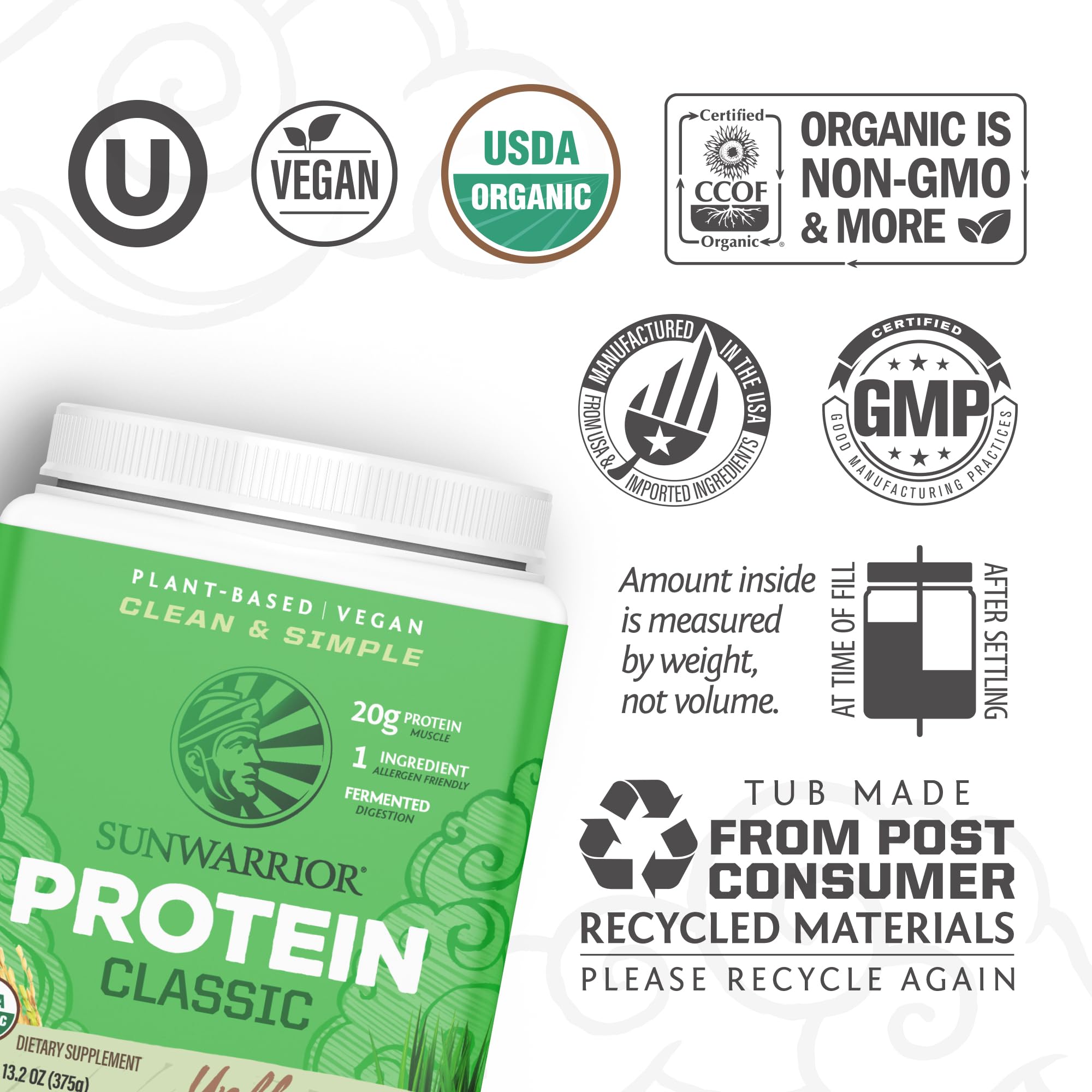 Sunwarrior Brown Rice Protein Powder with Bcaa & Amino Acids Raw Rice Protein Shake Gluten Free Low Carb Dairy Free | Plant Based Classic Sprouted Brown Rice Protein Powder Natural 375g