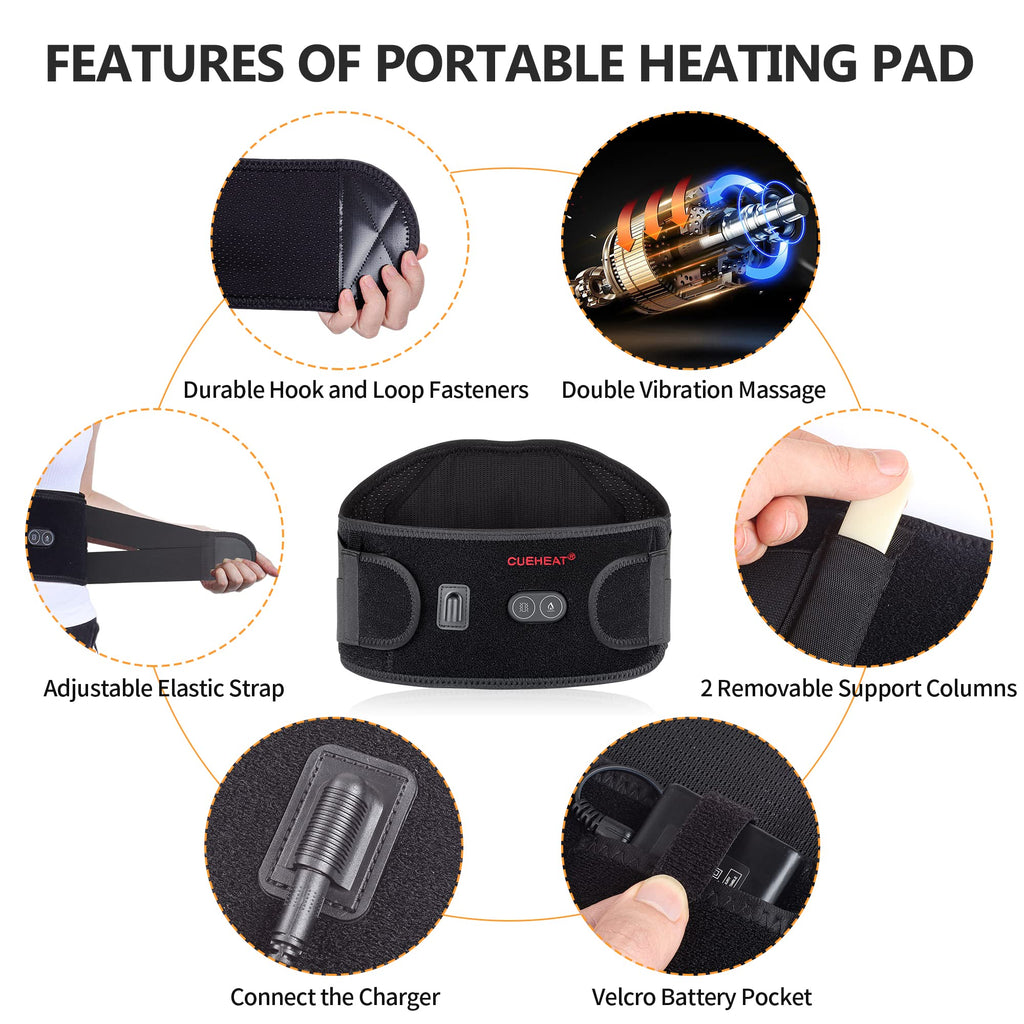 CUEHEAT Heated Waist Belt, Cordless Heating Pad for Low Back, Electrical Heating and Massage, Rechargeable Battery Powered (Dark Black, 53inch)