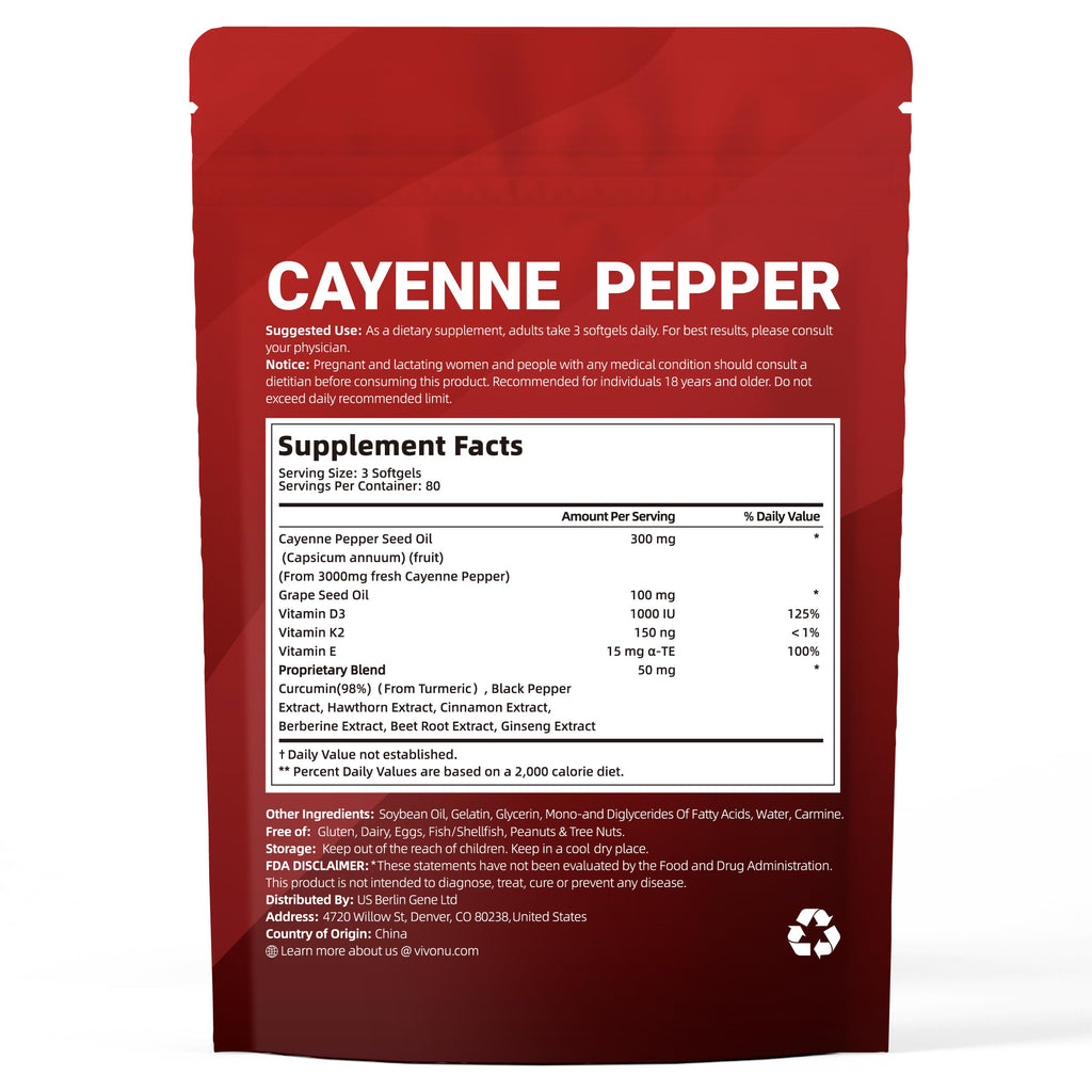 VivoNu Cayenne Pepper Softgels Supplement, Supports Leg Vein, Heart and Blood Vessel Health, with Vitamin E D3+K2 and Extracts of Grape Seed, Hawthorn, Beetroot and Others