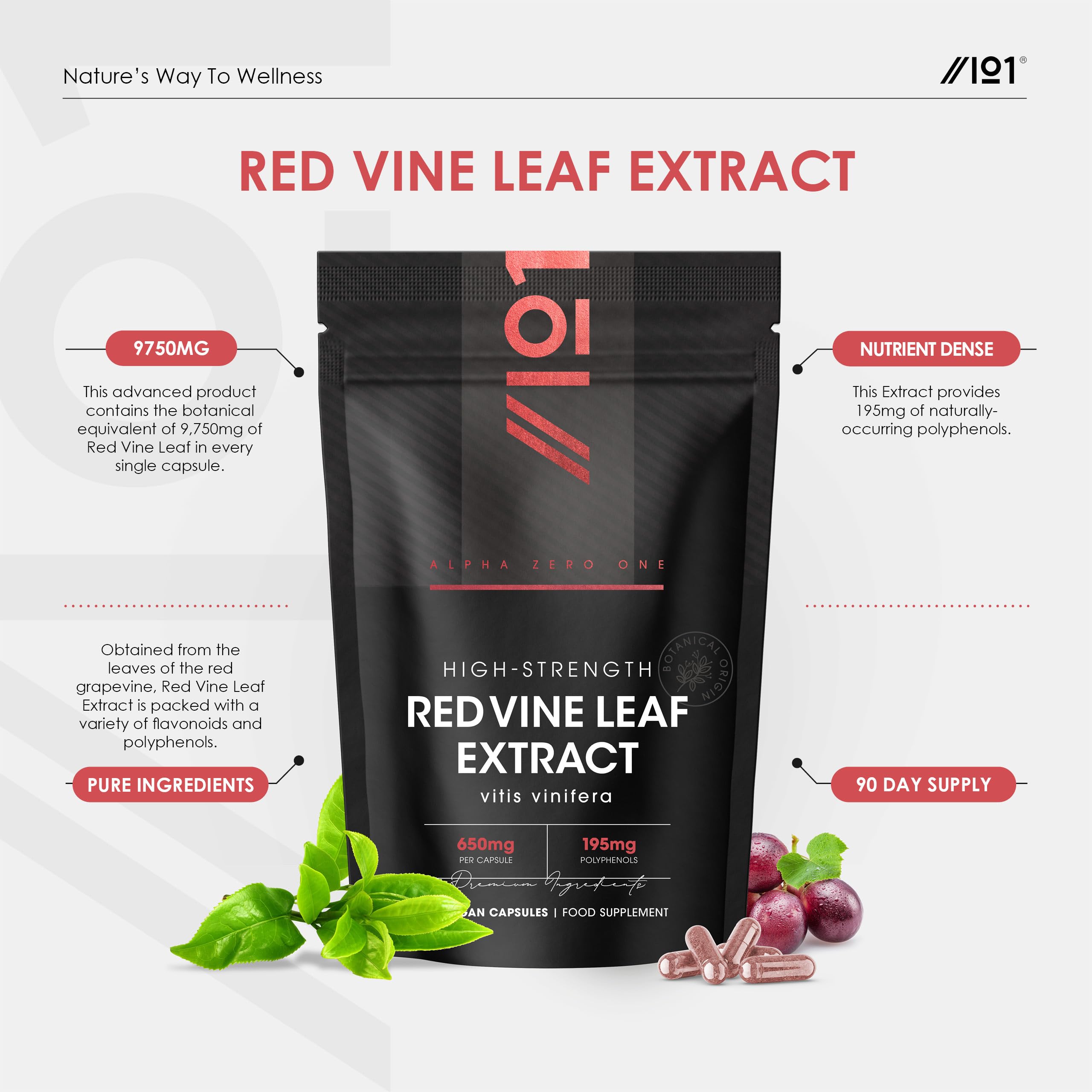 Red Vine Leaf Extract 650mg - 30% Polyphenols (195mg) Equivalent to 9,750mg Red Vine Leaf - 90 Vegan Capsules - Resealable and Recyclable Pouch – By Alpha01