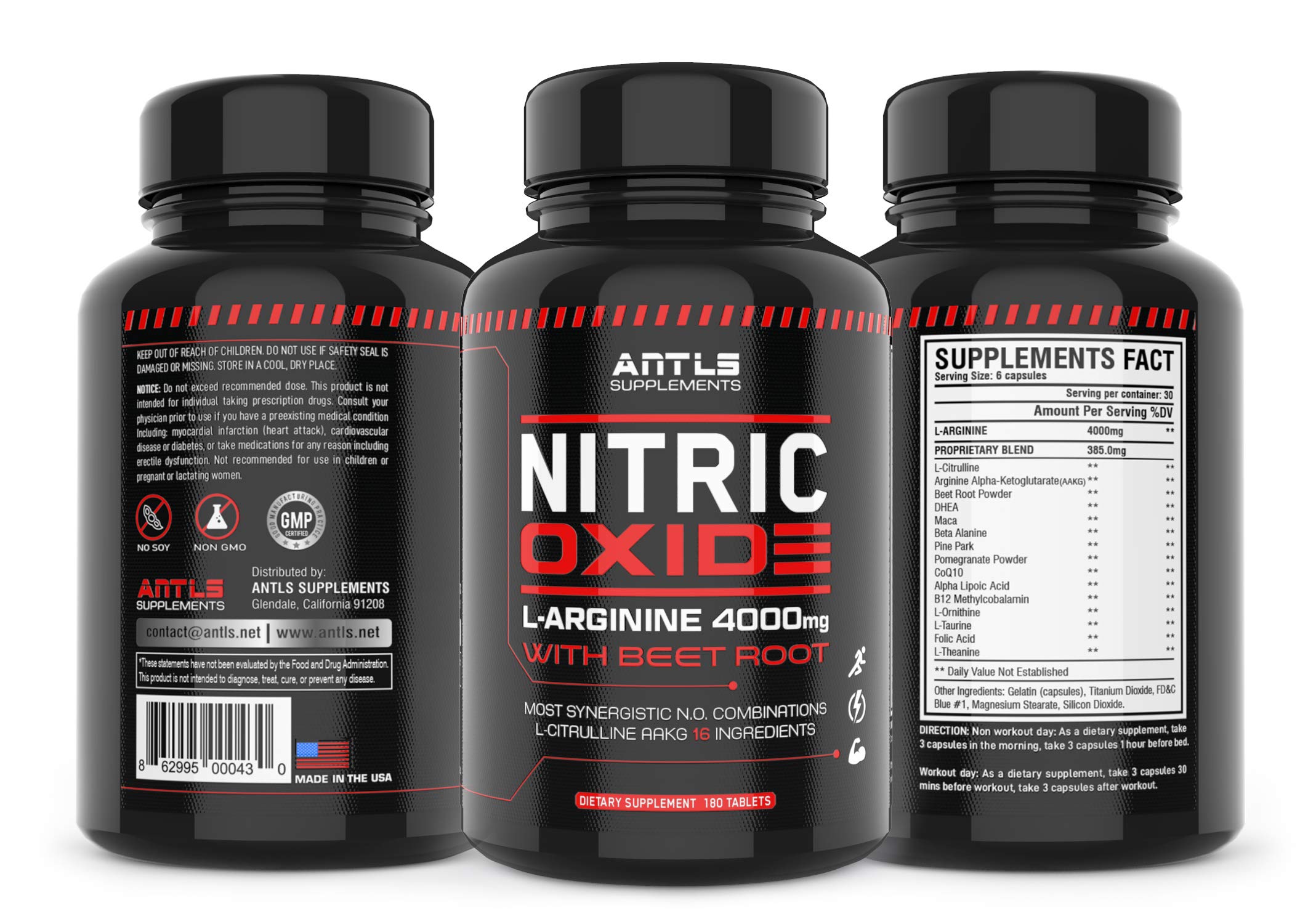 ANTLS Supplements Nitric Oxide Booster 4000mg L-Arginine L-Citrulline AAKG Beet Root Pre Workout Pills for Men Muscle Pump Performance Energy 180 Capsules
