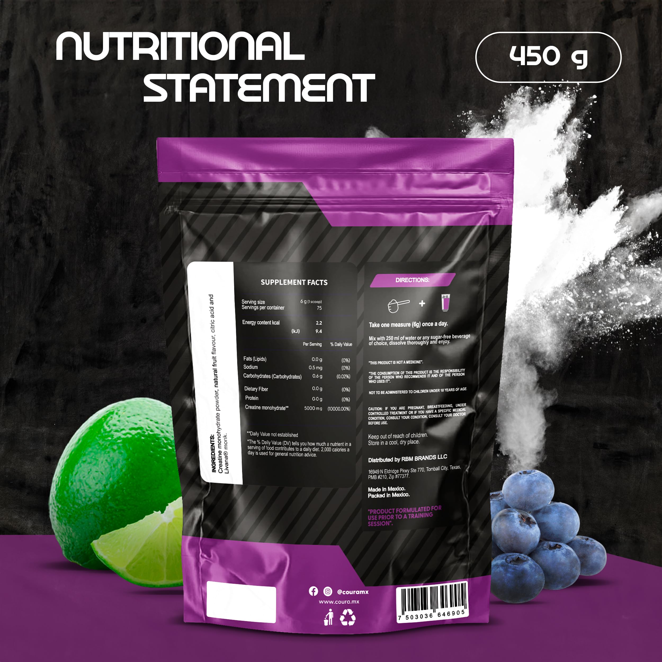 COURA Lemon-Berries Creatine Monohydrate, Strength Endurance Sports, 450g