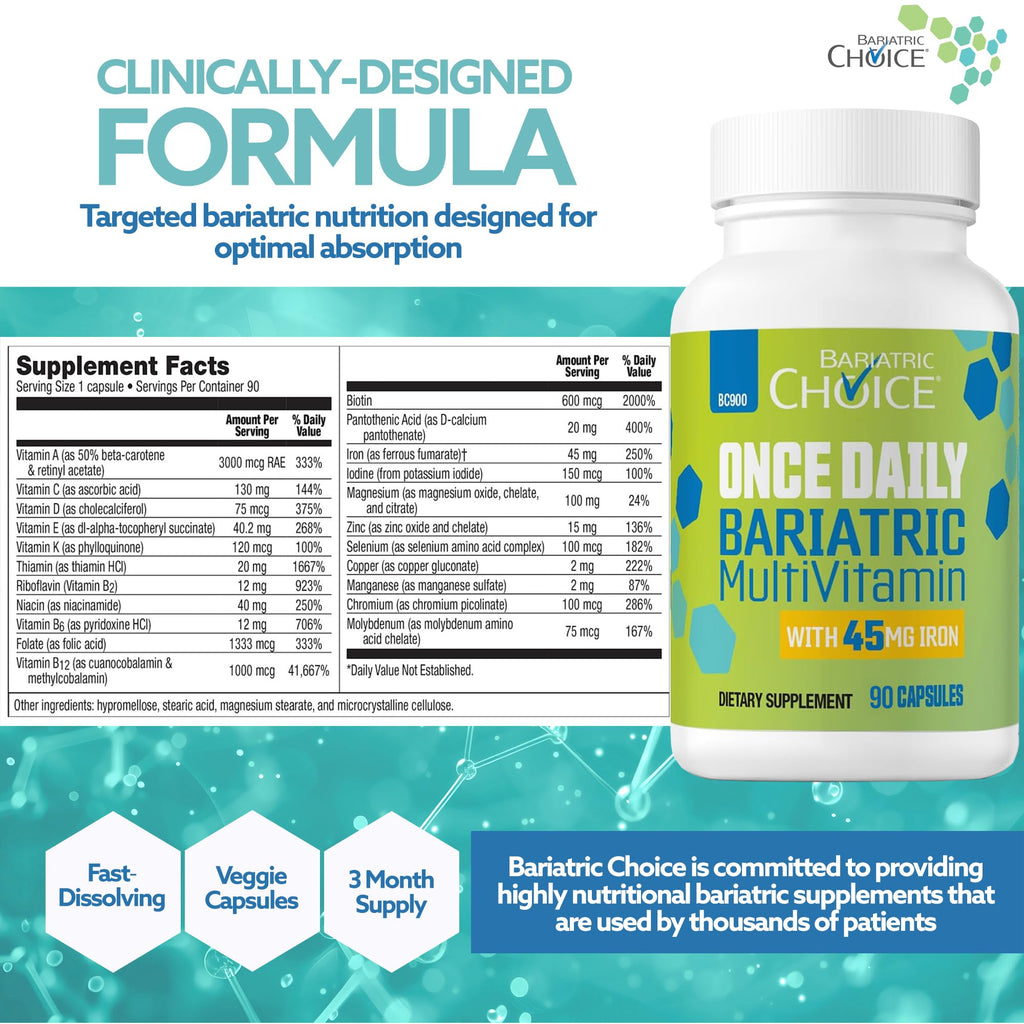Bariatric Choice Bariatric Multivitamin with Iron 45mg – Once Daily Easy to Swallow Capsule for Gastric Bypass & Sleeve Patients – High Potency Vitamins A, D, B12 & More – 3 Month Supply (90 Count)