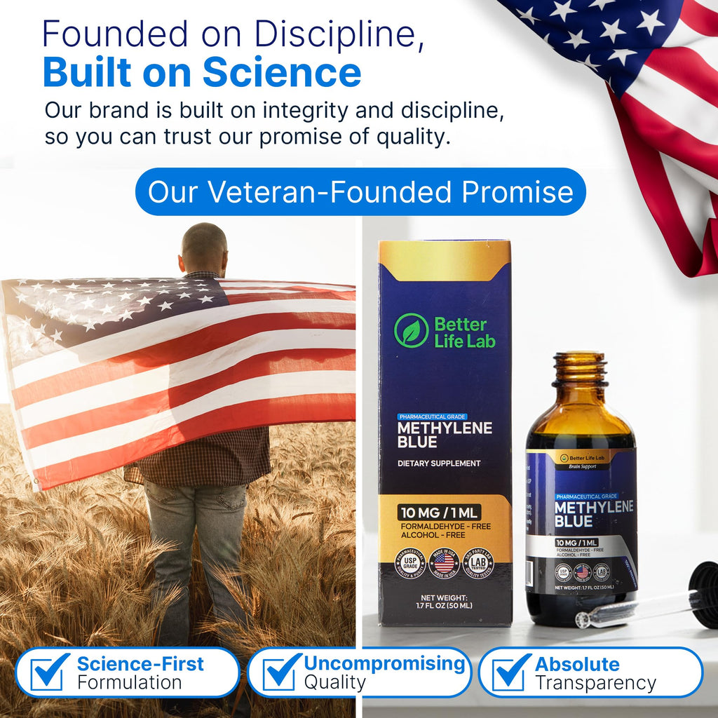 BETTER LIFE LAB Methylene Blue Pharmaceutical Grade 99.99% with Dropper, Health Dietary Supplement for Humans, No Formaldehyde, Made in USA (1% 50ml Bottle) 1 Fl Oz (2 Pack)