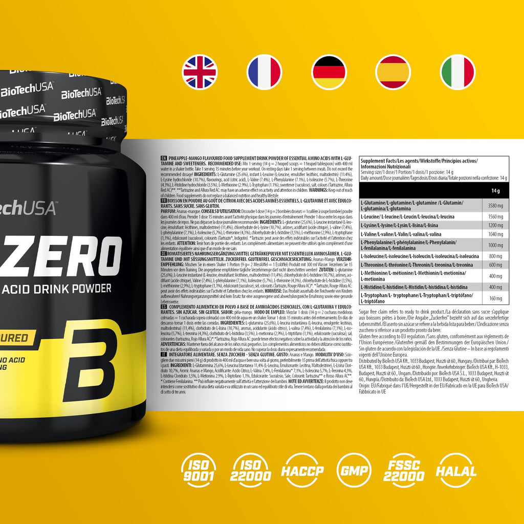 BioTechUSA EAA Zero - Essential Amino Acid Power | 7160mg EAA/Serving | WHO Recommended Ratio | Sugar-Free, Gluten-Free, 350 g, Pineapple-Mango