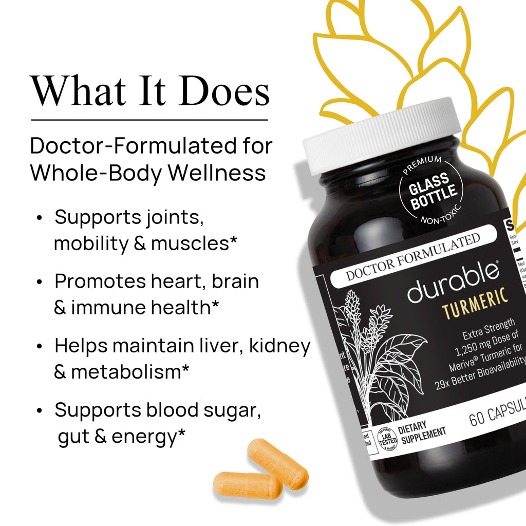 Durable Turmeric - 1250 mg Meriva Curcumin, 29X More Absorption + Boswellia – Joint Comfort, Mobility & Healthy Inflammation – Doctor Formulated, Vegan, Non-GMO, Made in USA (60 Capsules)