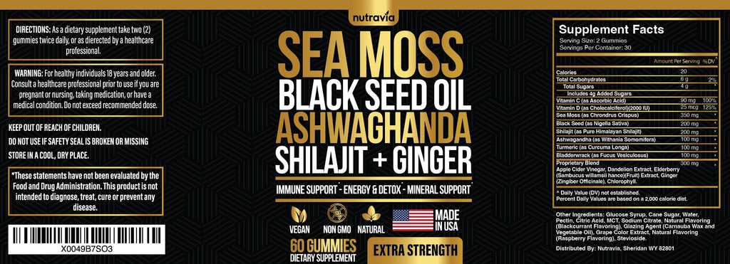 Sea Moss, Black Seed Oil, Ashwagandha, Ginger, Shilajit Gummies with Elderberry, Chlorophyll, Turmeric Bladderwrack Sea Moss Gummies Advanced Strength Formula - All in 1 Bundle - USA Made (60 Gummies)