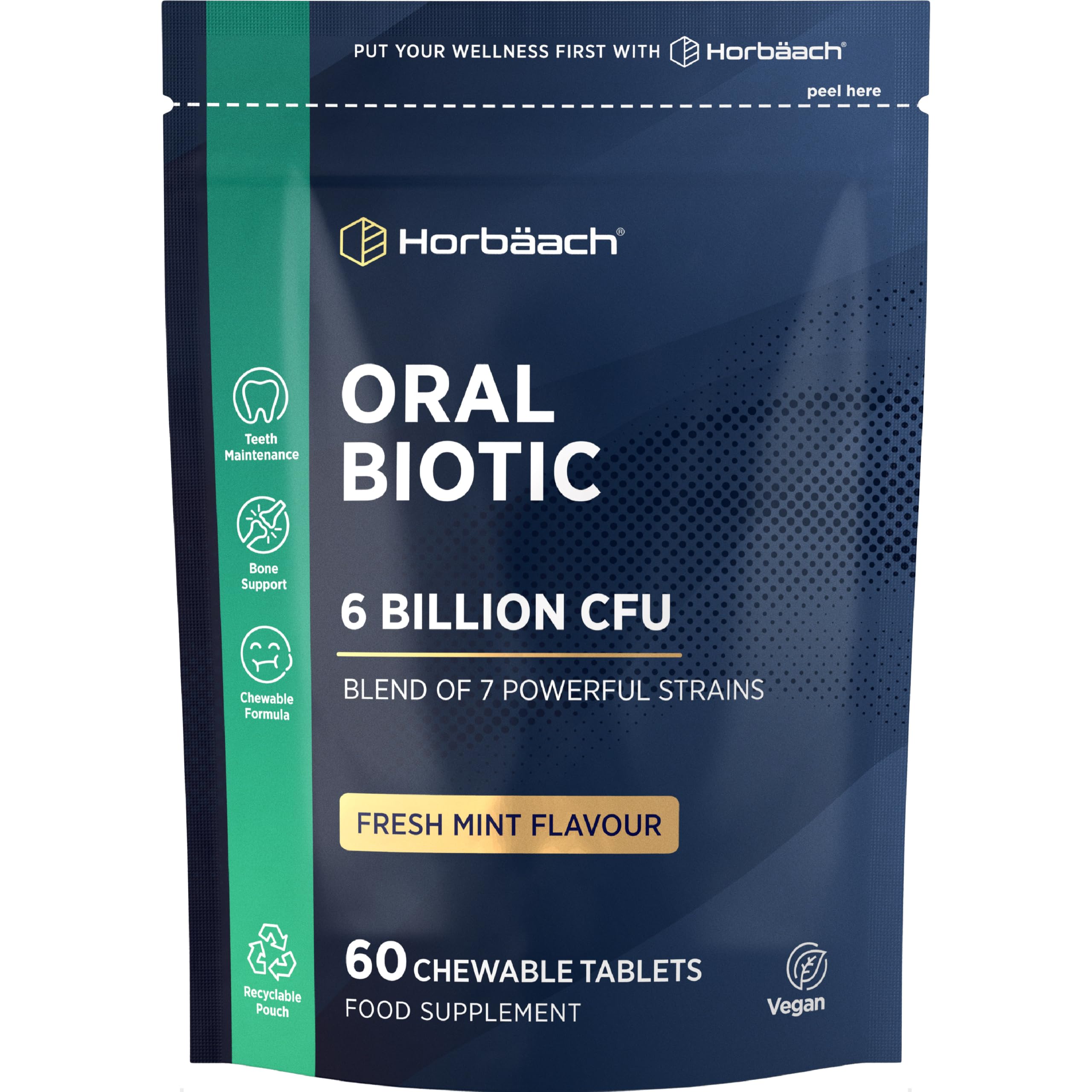 Oral Biotic for Mouth 6 Billion CFU | Advanced Dental Biotics for Adults | 7 Strains Including Lactobacillus Reuteri | 60 Vegan Chewable Tablets | Mint Flavour | by Horbaach