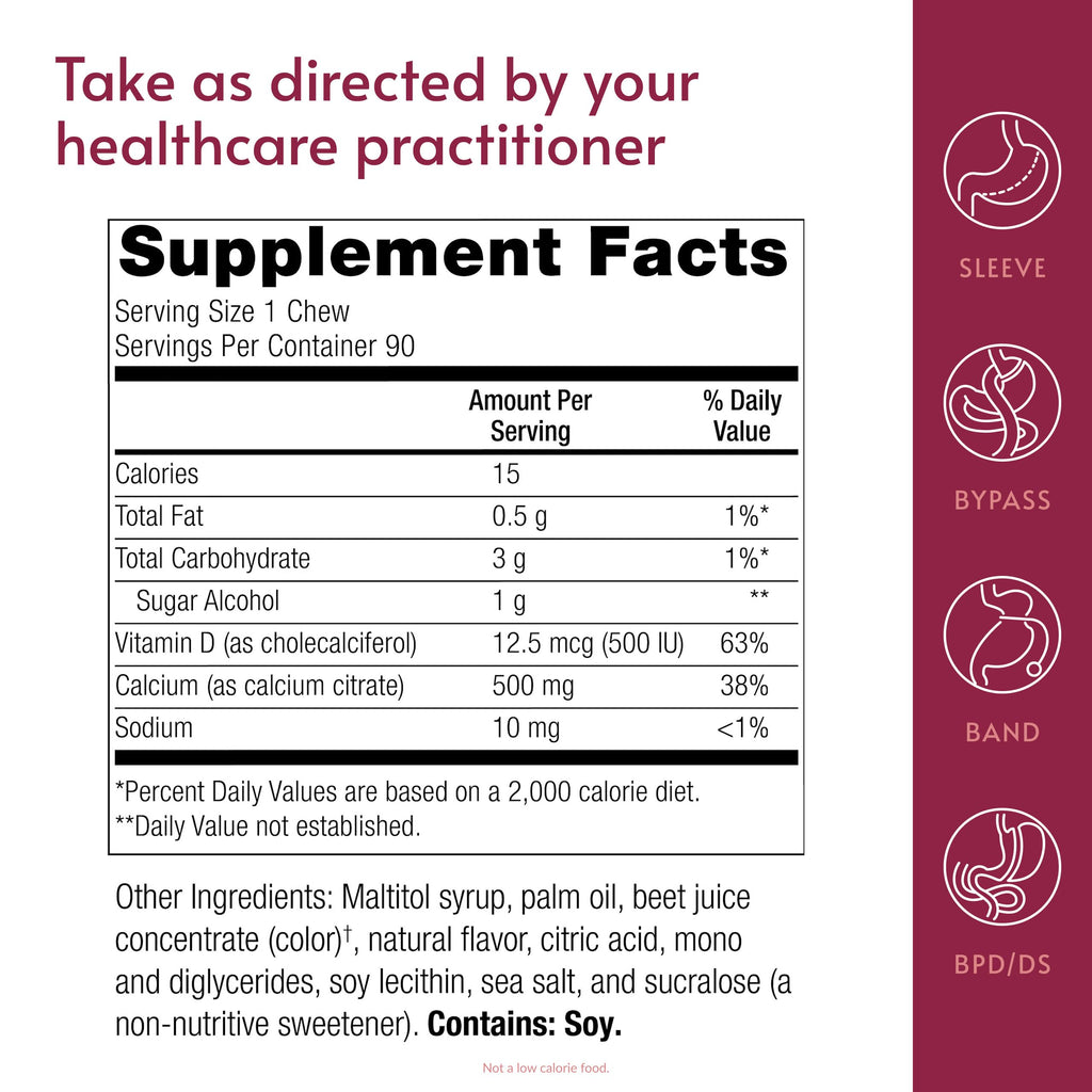 Bariatric Advantage Calcium Citrate Chewy Bites 500 mg - Highly Absorbable & Digestible - Vitamin D3 - Easily Chewable Calcium Supplement - Raspberry Flavor - 90 Count
