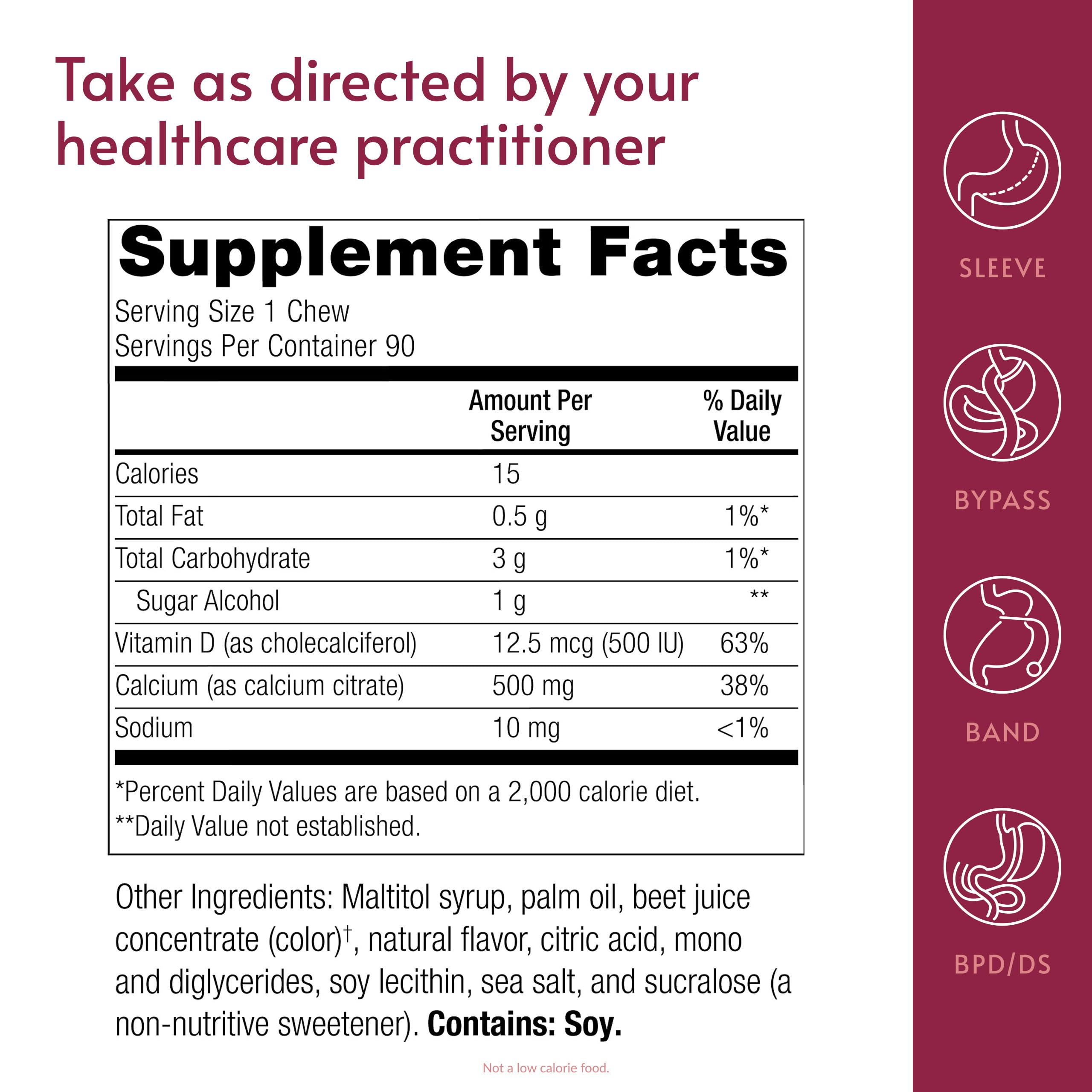 Bariatric Advantage Calcium Citrate Chewy Bites 500 mg - Highly Absorbable & Digestible - Vitamin D3 - Easily Chewable Calcium Supplement - Raspberry Flavor - 90 Count