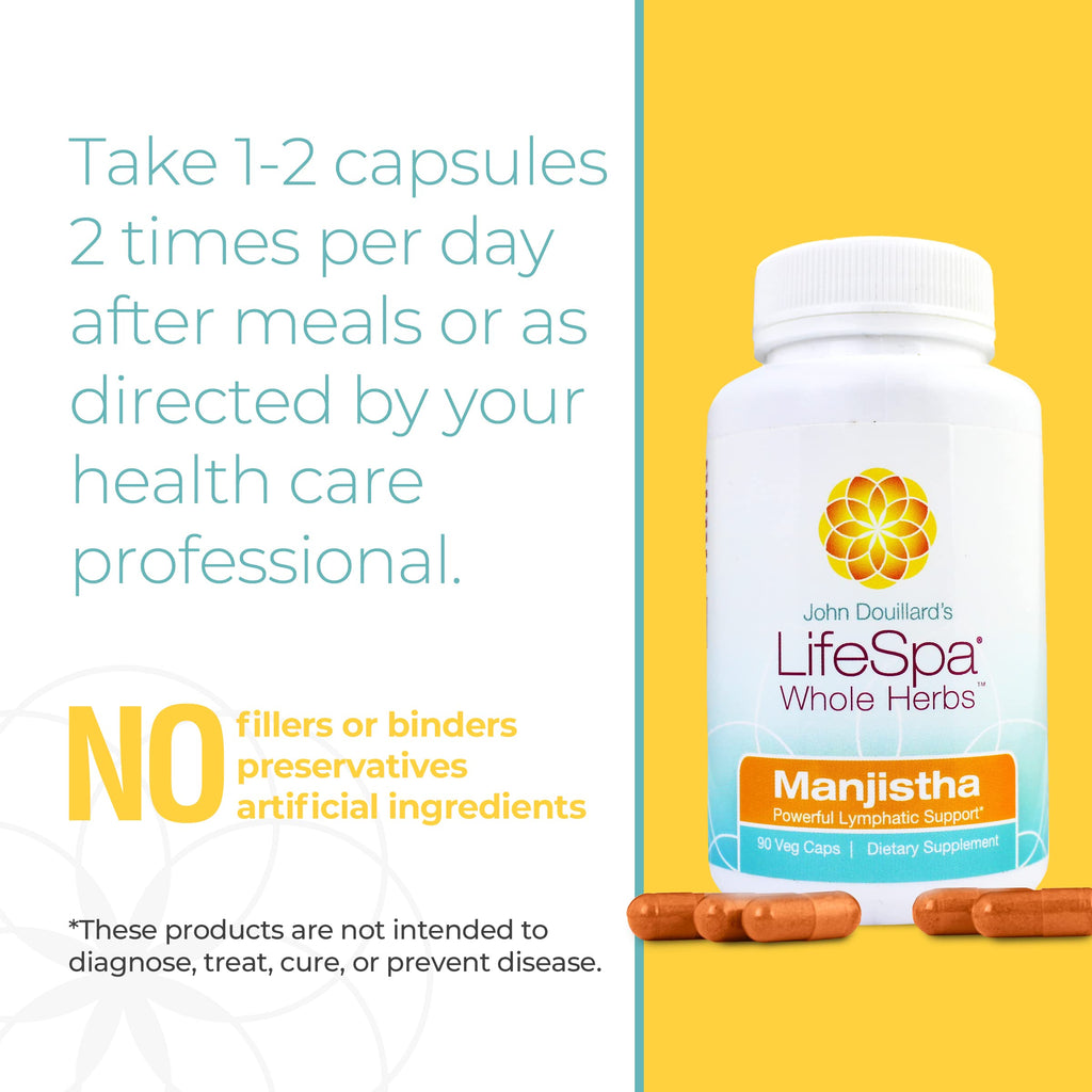 LifeSpa Whole Herbs Manjistha Capsules | Liver Cleanse | Vegan Multivitamin | for Lymphatic Support and Liver Detox | 90 Capsules 400mg