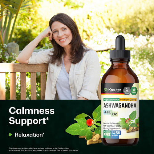 BIO KRAUTER® Ashwagandha Supplements - Liquid Drops Pure Vegan Ashwagandha for Women & Men 685 mg per Serving 4 Fl.Oz 56-Day Supply - Used for Mood Magic & Relaxation Support - Alcohol & Sugar Free