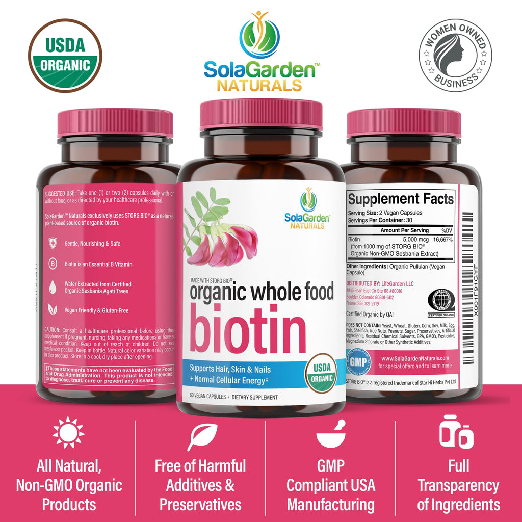 USDA Organic Whole Food Biotin Supplement, Made with Plant-Based Biotin from Sesbania Agati Trees, by SolaGarden Naturals, 60 Non-GMO Vegan Capsules, Supports Hair, Skin, and Nails, Made in USA