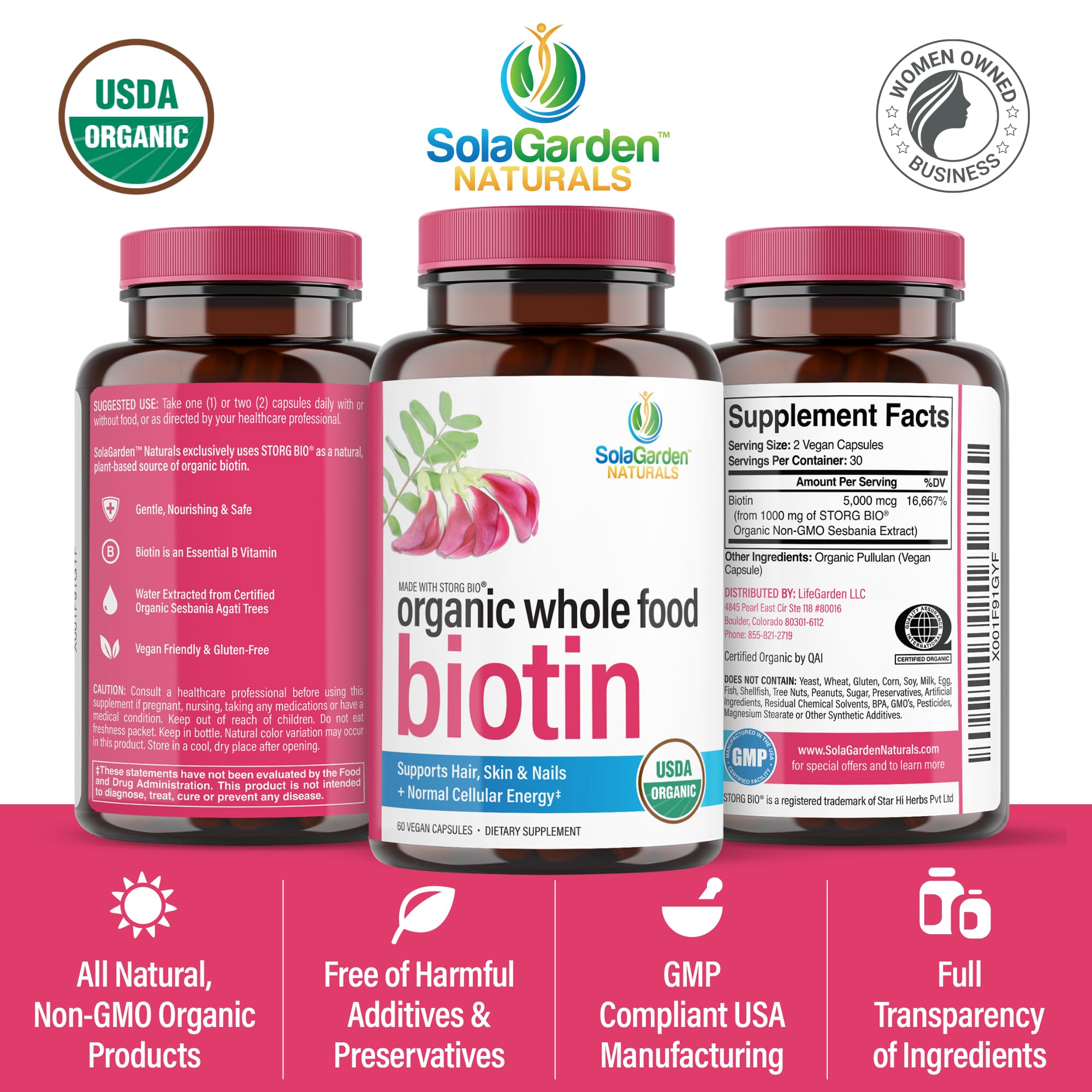 USDA Organic Whole Food Biotin Supplement, Made with Plant-Based Biotin from Sesbania Agati Trees, by SolaGarden Naturals, 60 Non-GMO Vegan Capsules, Supports Hair, Skin, and Nails, Made in USA