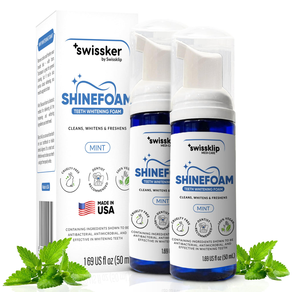 Swissker by Swissklip ShineFoam | Teeth Whitening Foam | Mint Flavor Whitening Toothpaste | Teeth Whitener I Professional Teeth Whitening Kit | 100% Vegan - Made in USA - 1.69 oz - Pack 2
