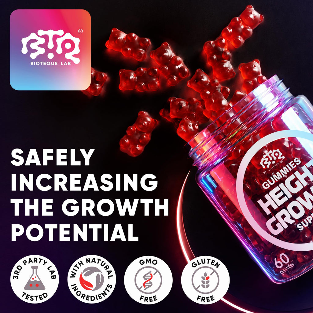 BIOTEQUELAB Height Growth Increase Gummies Vitamins, Grow Tall Supplement, Calcium, Magnesium, Zinc, Ashwagandha, Glucosamine Multivitamin for Teens, Kids, Adults