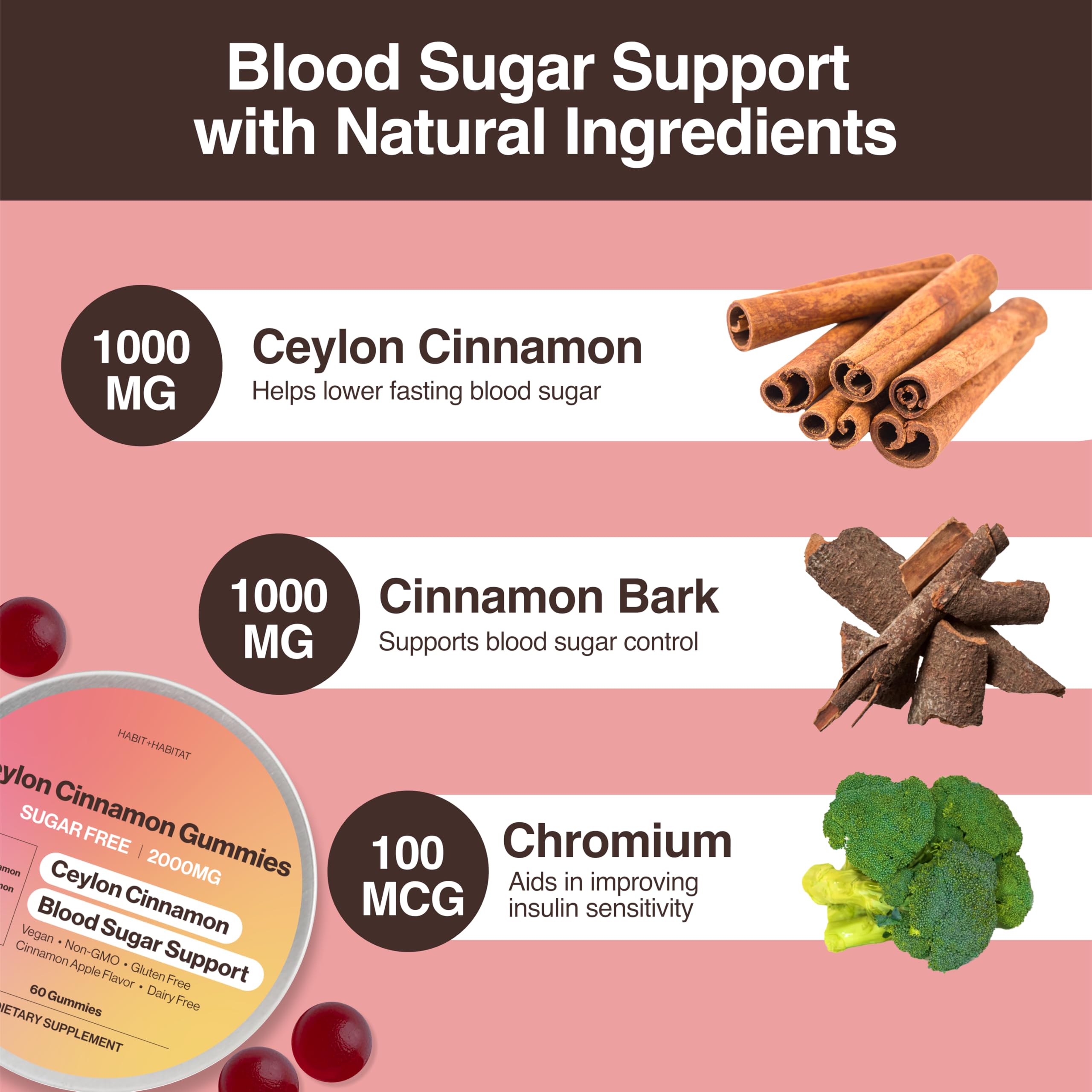 Habit + Habitat Ceylon Cinnamon Gummies - 2000mg Cinnamon Complex Chromium in Plastic Free Tins - Gluten Free Vegan
