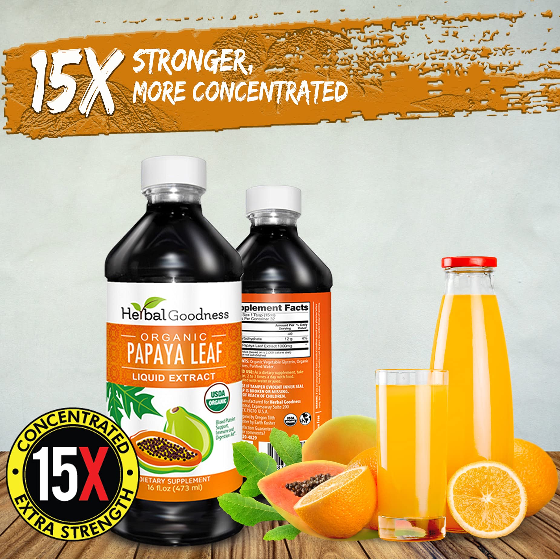 Herbal Goodness Papaya Leaf Extract Platelet Support - 15X Blood Platelet Boost, Bone Marrow & Spleen Support, Immune & Gut Health, Digestive Enzyme - Organic Kosher 16 oz Liquid Extract