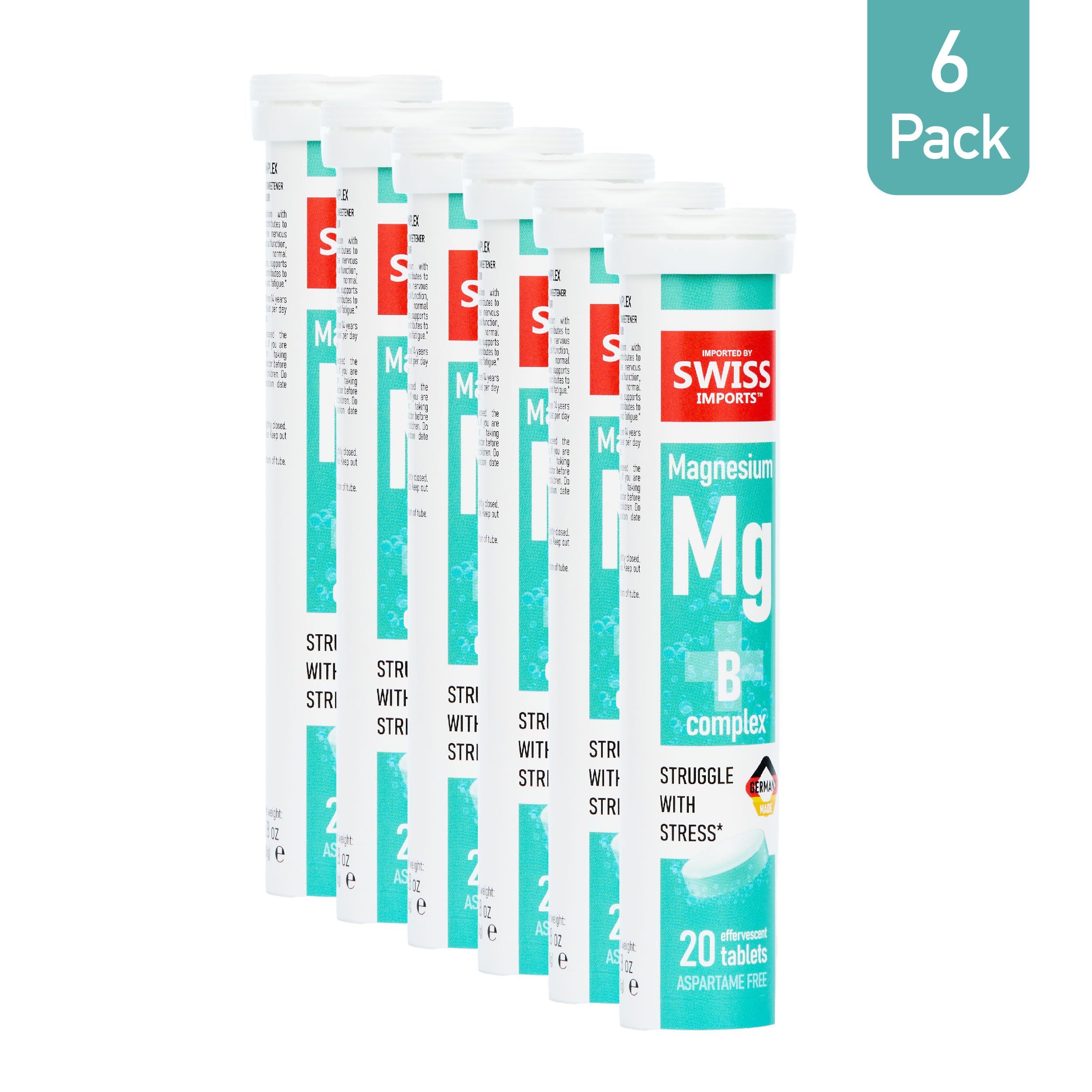Swiss Imports Effervescent Magnesium + B Complex Dietary Supplement, 6-Pack, 120 Tablets