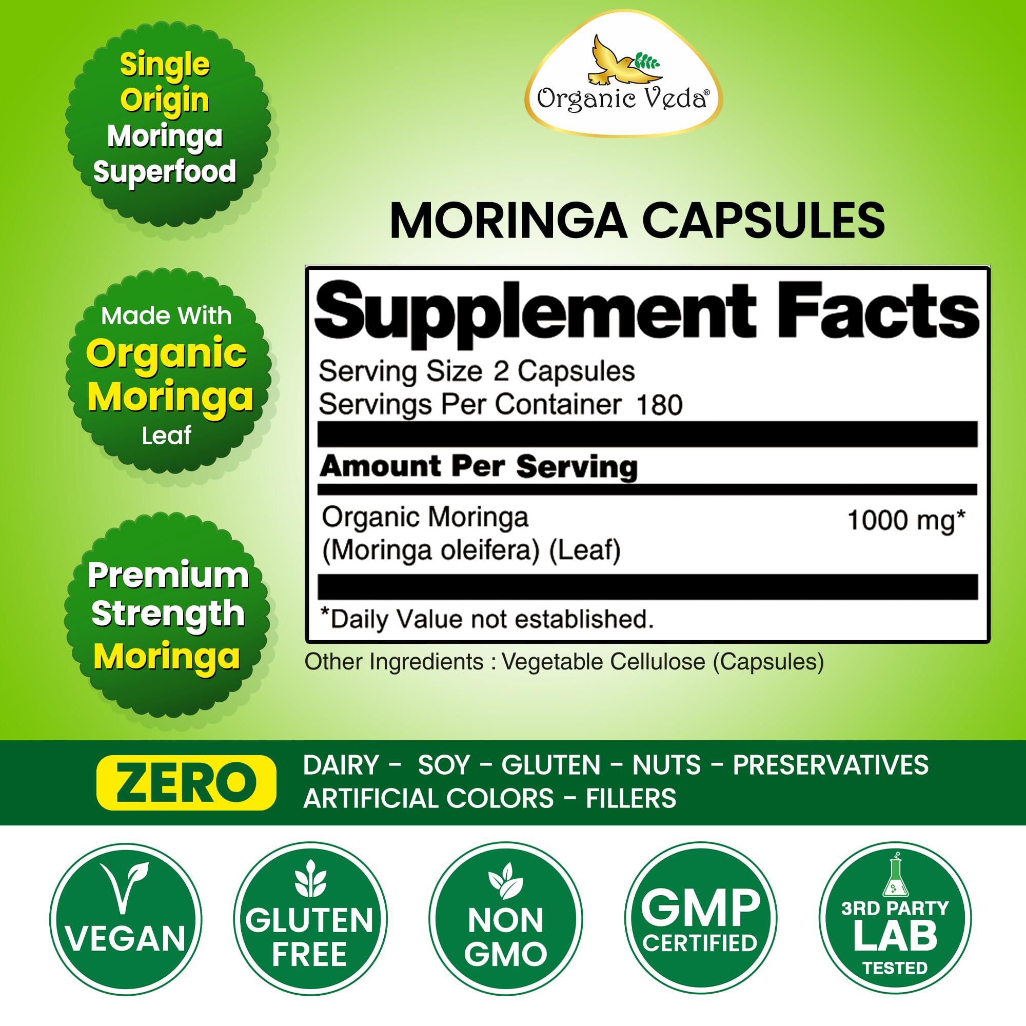 Organic Veda Moringa Capsule 1000mg, 6 Months Supply - True Green Pure Organic Moringa Leaf Superfood - Vitamins & Antioxidants Rich Powder, Energy, Digestion, Brain & Skin Health - 360 Vegan Capsule